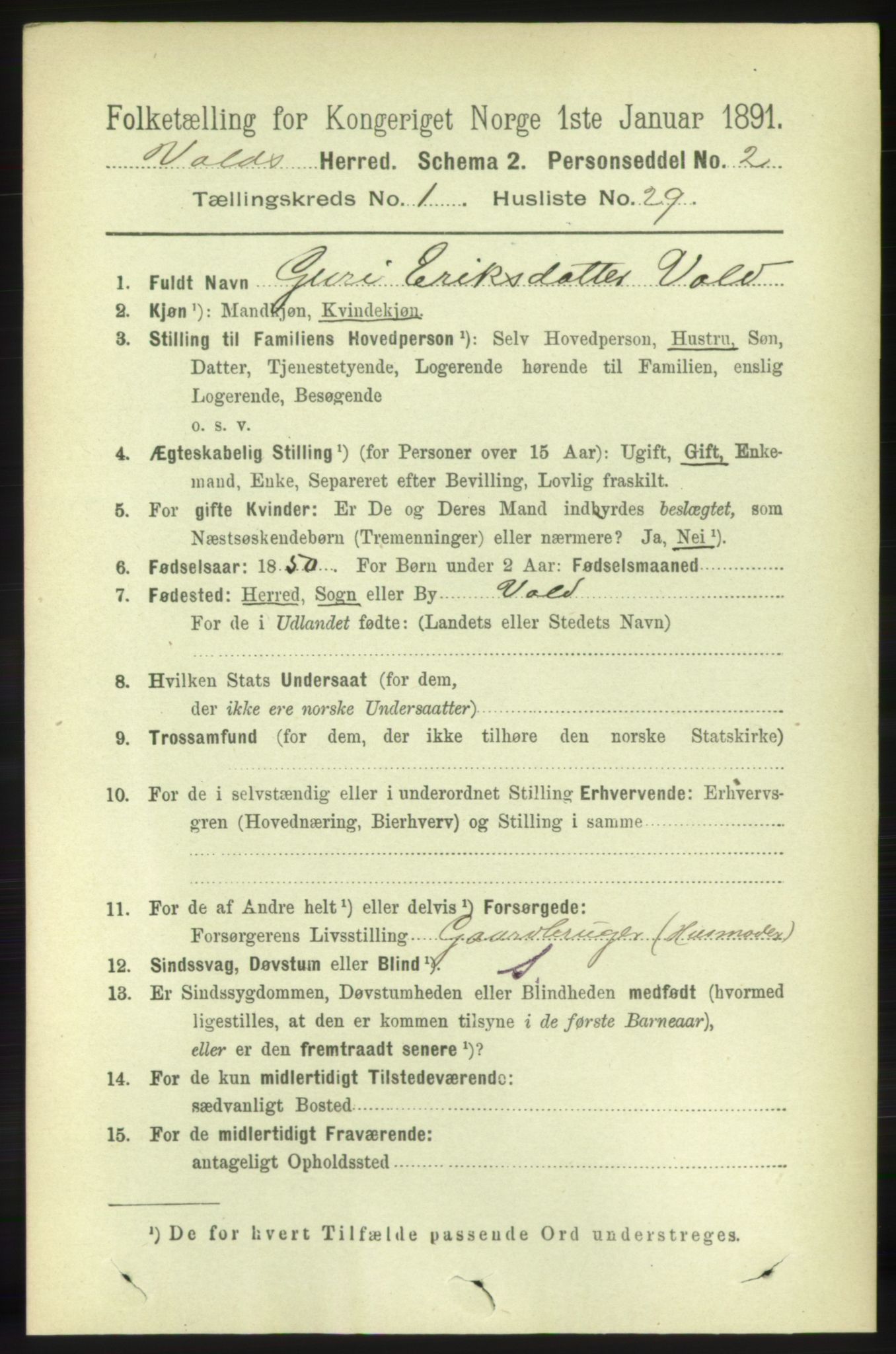 RA, 1891 census for 1537 Voll, 1891, p. 254