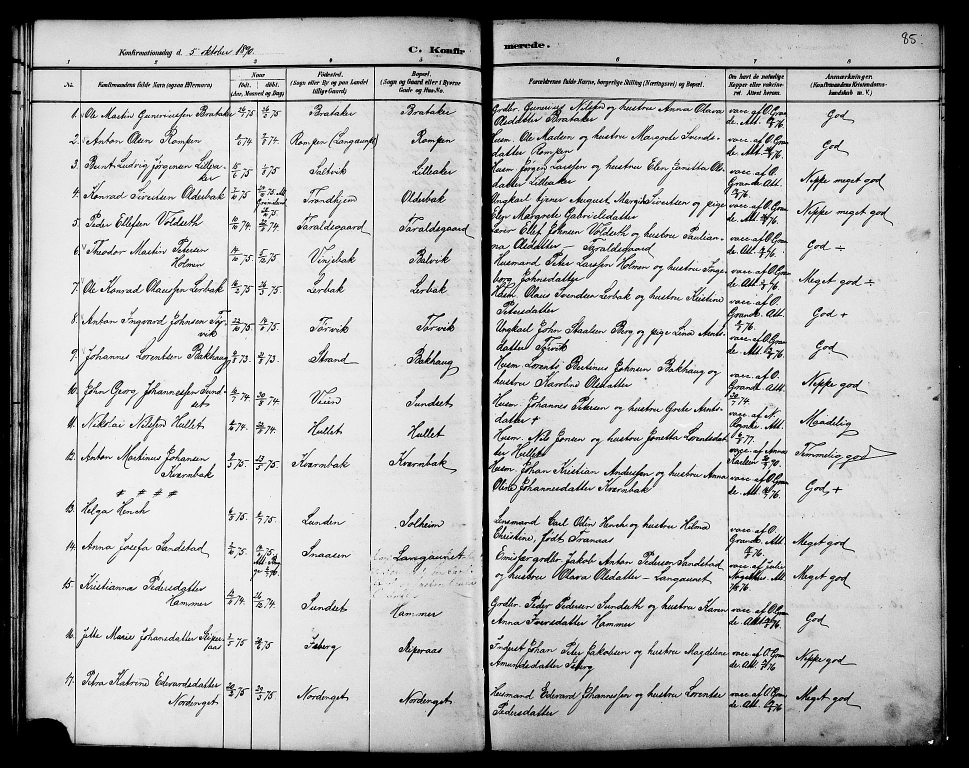 Ministerialprotokoller, klokkerbøker og fødselsregistre - Nord-Trøndelag, SAT/A-1458/733/L0327: Parish register (copy) no. 733C02, 1888-1918, p. 85