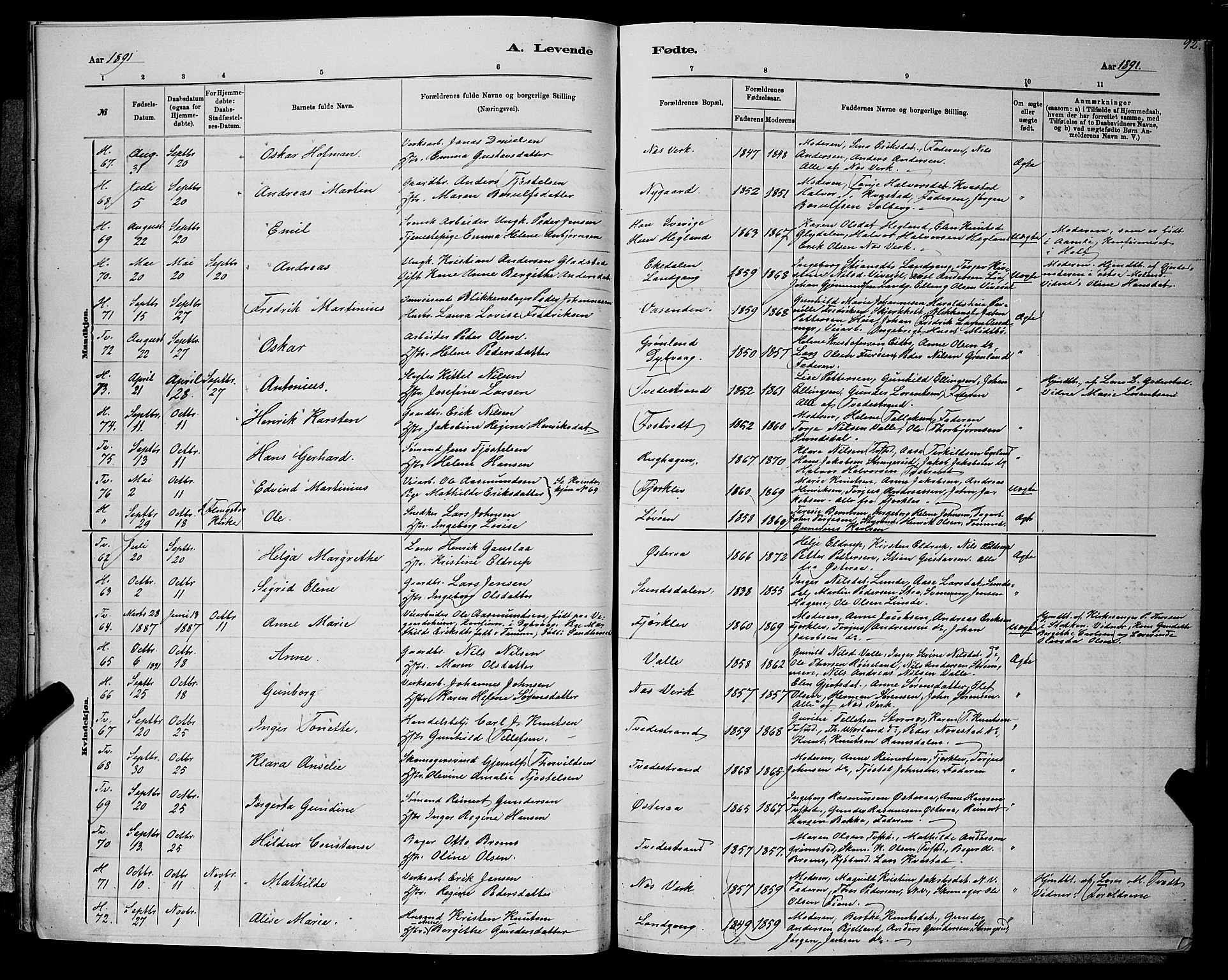 Holt sokneprestkontor, SAK/1111-0021/F/Fb/L0010: Parish register (copy) no. B 10, 1883-1896, p. 92