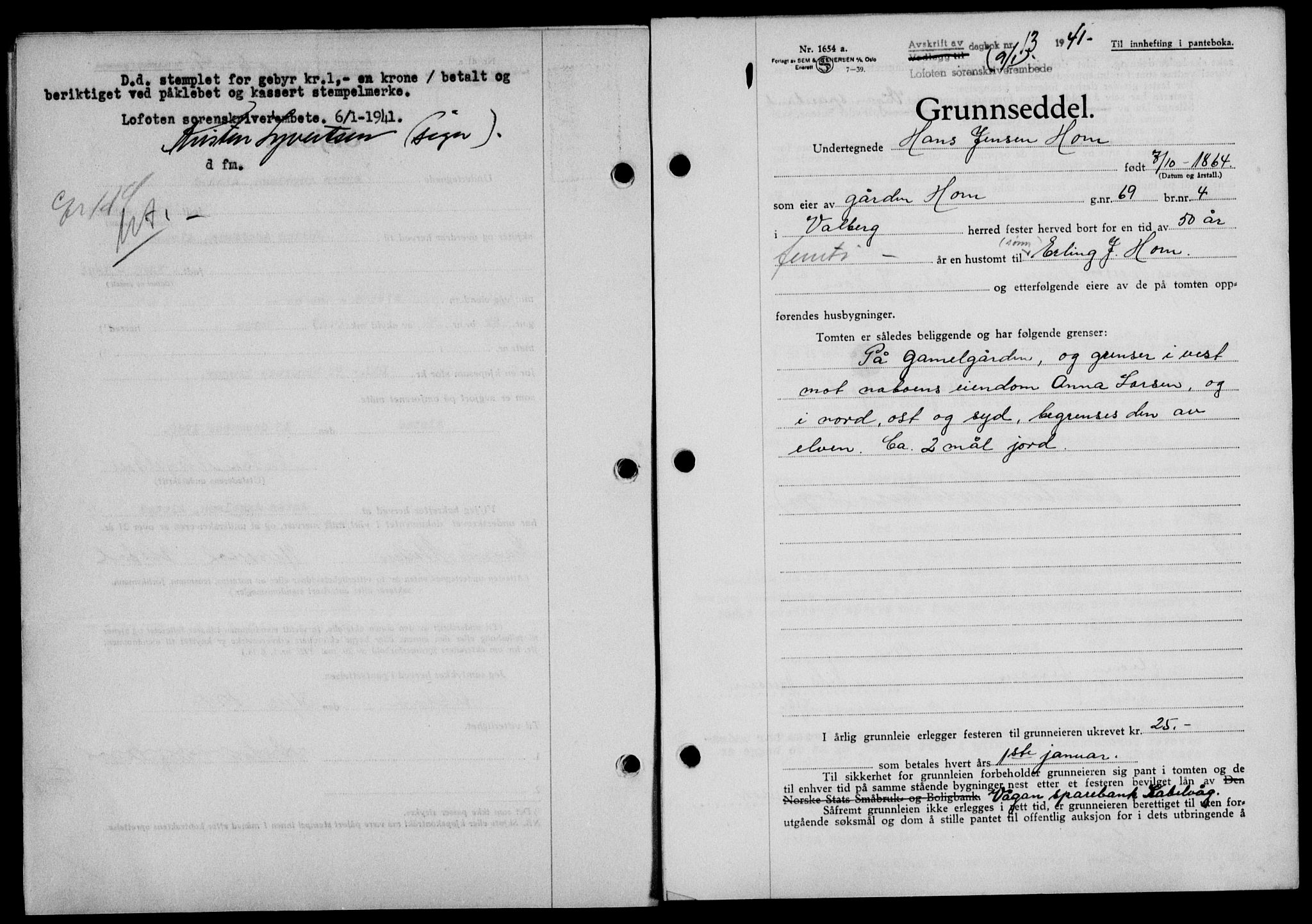 Lofoten sorenskriveri, SAT/A-0017/1/2/2C/L0008a: Mortgage book no. 8a, 1940-1941, Diary no: : 13/1941