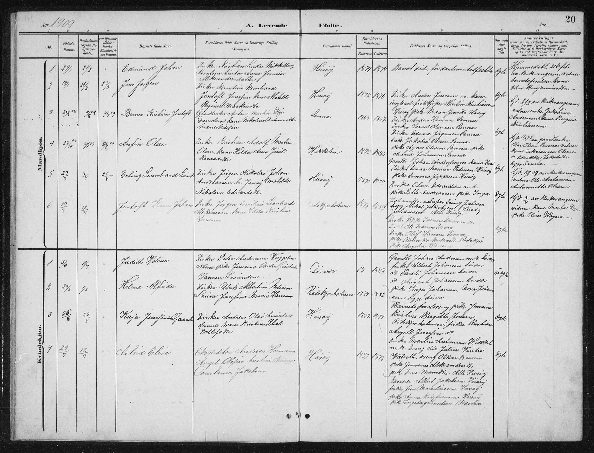 Ministerialprotokoller, klokkerbøker og fødselsregistre - Nordland, AV/SAT-A-1459/840/L0583: Parish register (copy) no. 840C03, 1901-1933, p. 20