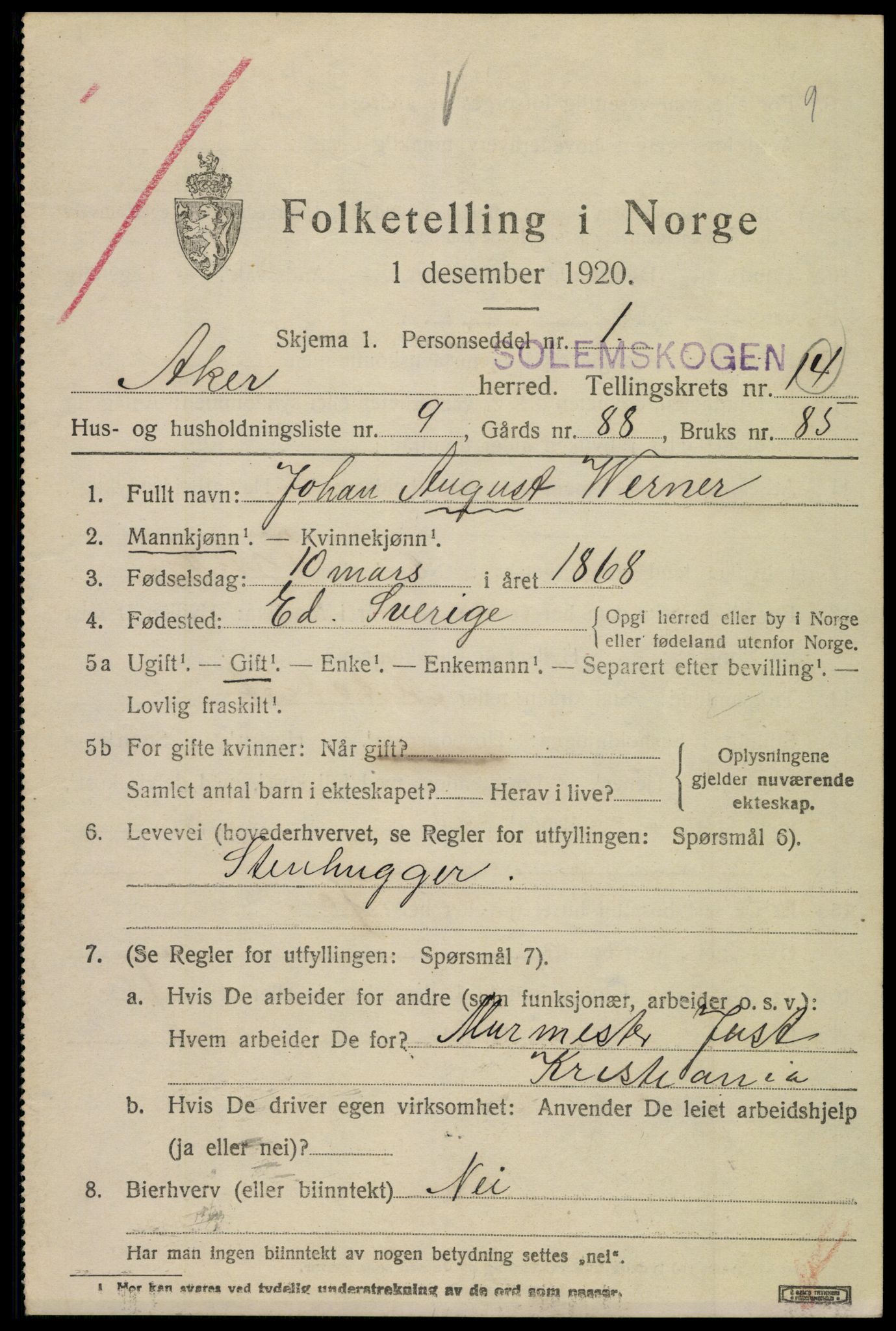 SAO, 1920 census for Aker, 1920, p. 85882