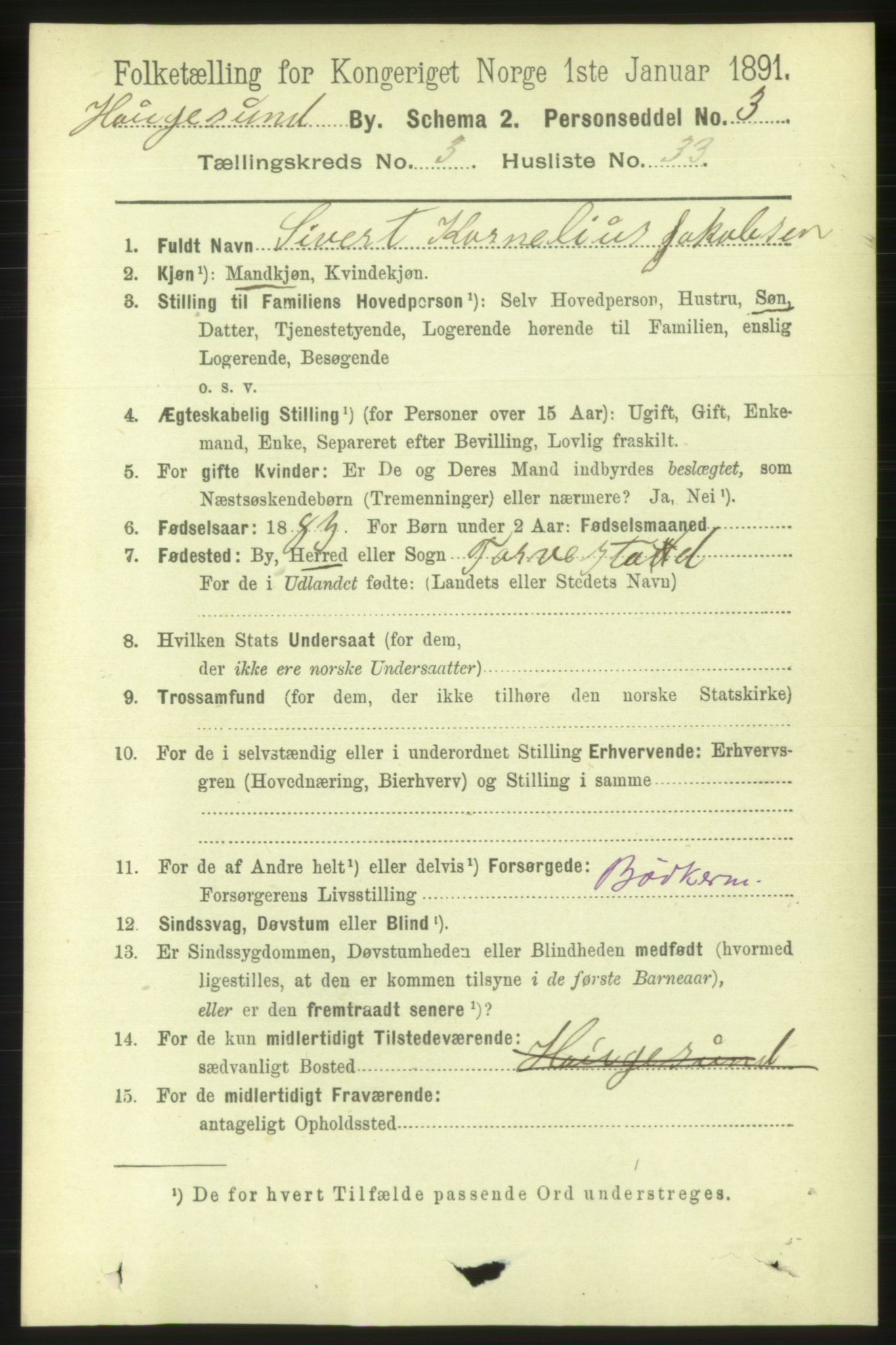 RA, 1891 census for 1106 Haugesund, 1891, p. 1151