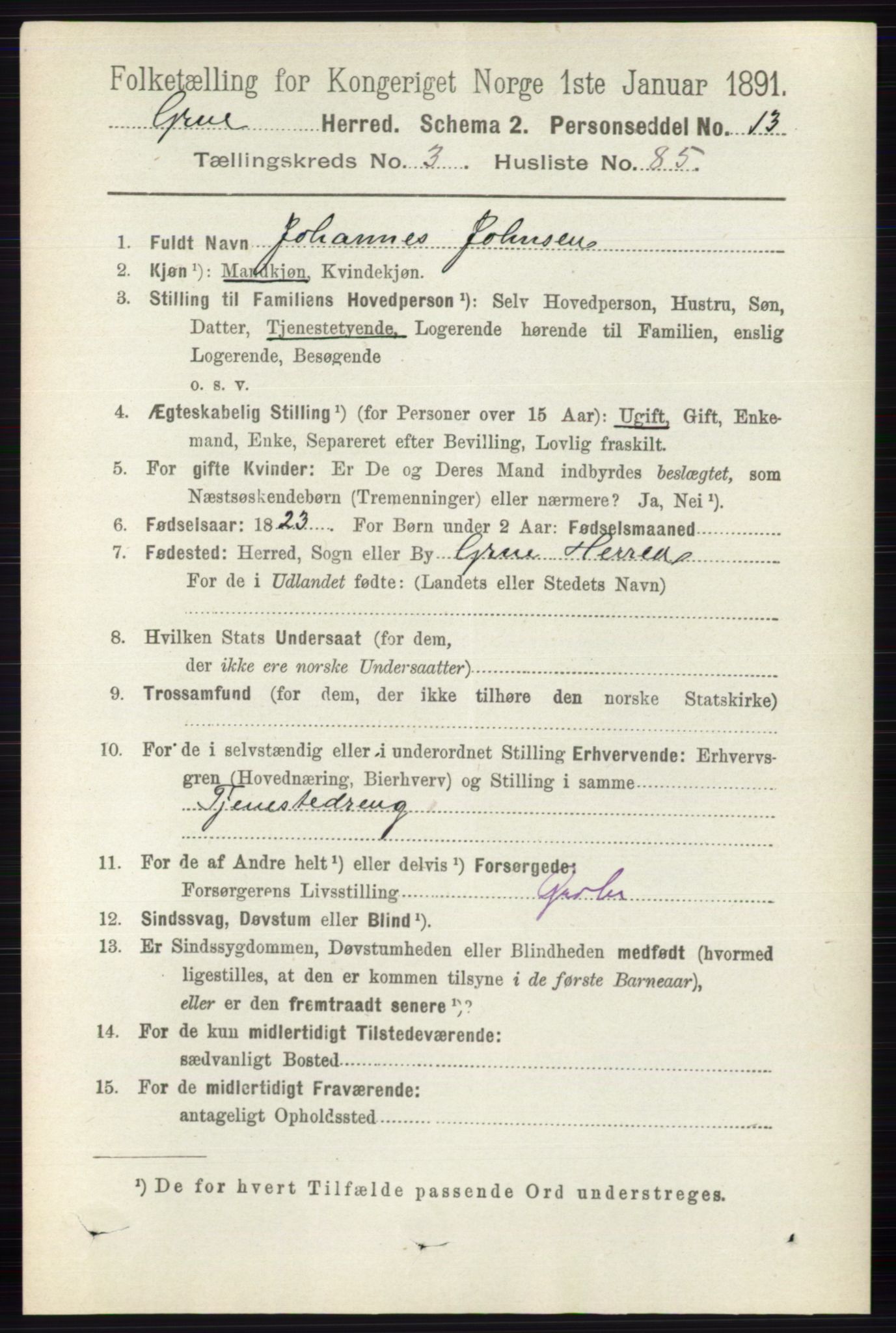 RA, 1891 census for 0423 Grue, 1891, p. 2004