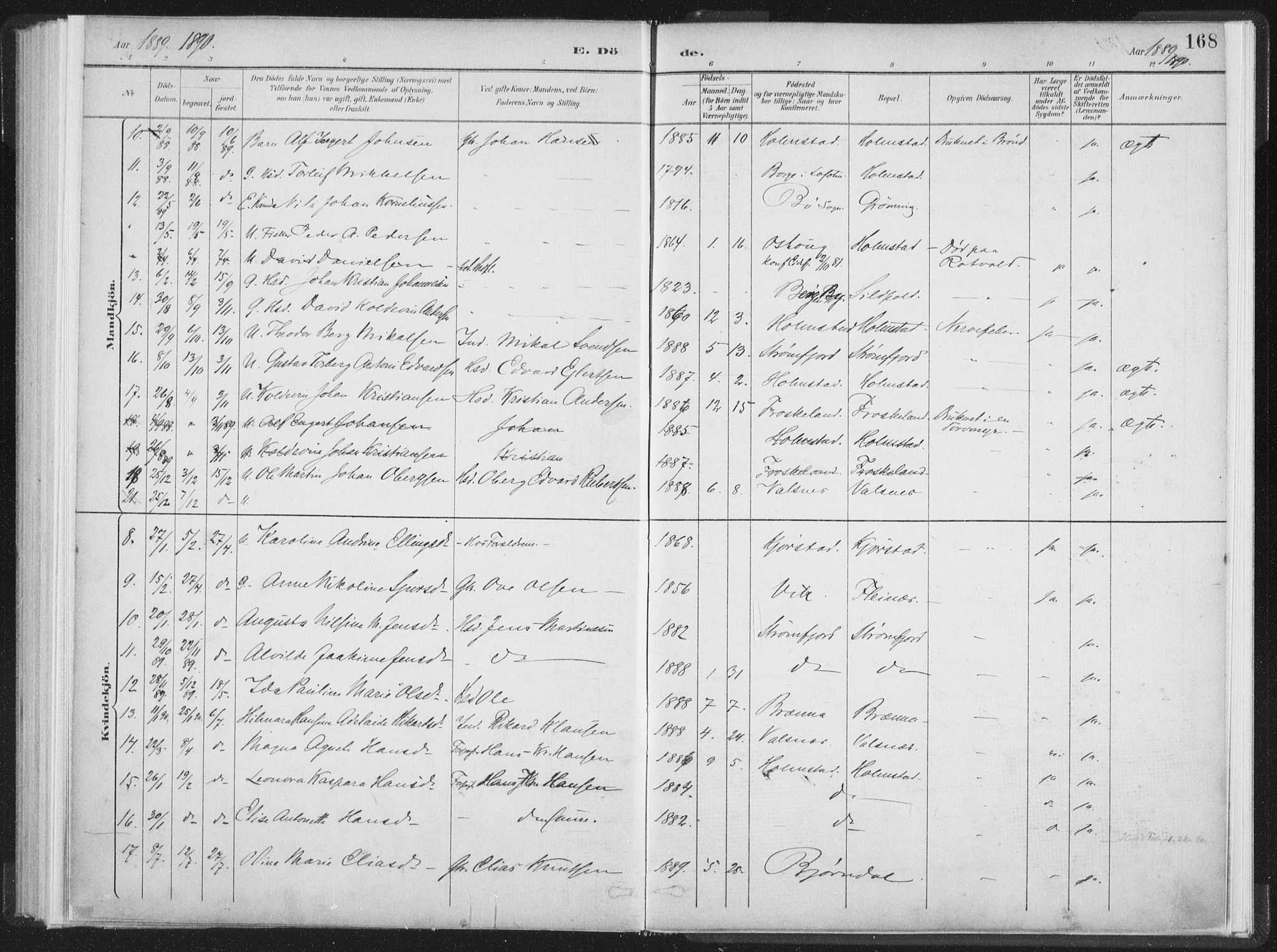 Ministerialprotokoller, klokkerbøker og fødselsregistre - Nordland, AV/SAT-A-1459/890/L1286: Parish register (official) no. 890A01, 1882-1902, p. 168