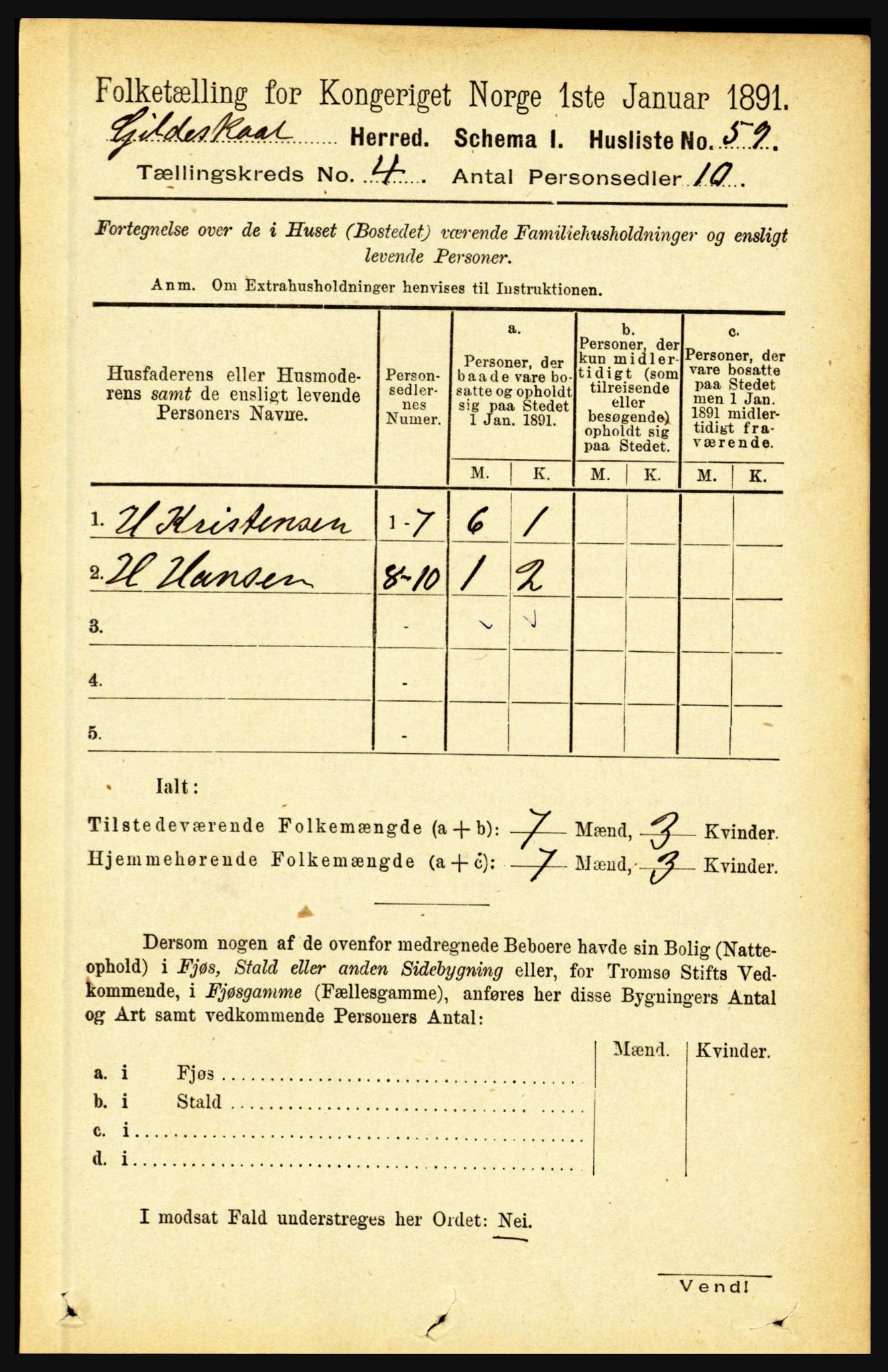 RA, 1891 census for 1838 Gildeskål, 1891, p. 1058