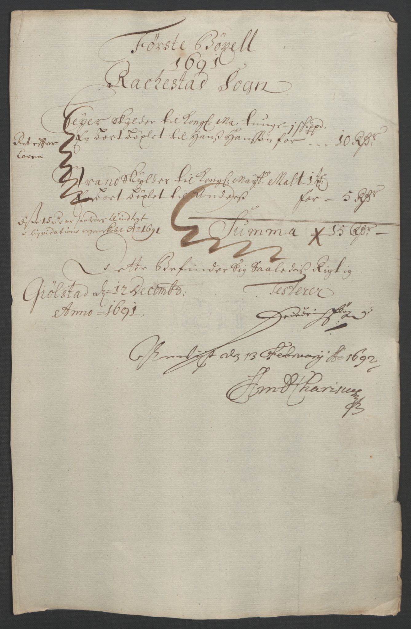 Rentekammeret inntil 1814, Reviderte regnskaper, Fogderegnskap, RA/EA-4092/R05/L0278: Fogderegnskap Rakkestad, 1691-1693, p. 16