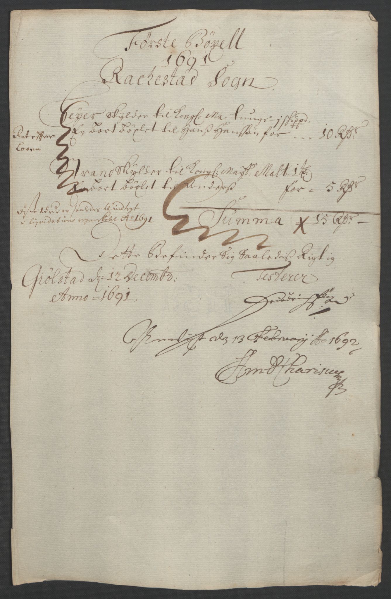 Rentekammeret inntil 1814, Reviderte regnskaper, Fogderegnskap, AV/RA-EA-4092/R05/L0278: Fogderegnskap Rakkestad, 1691-1693, p. 16