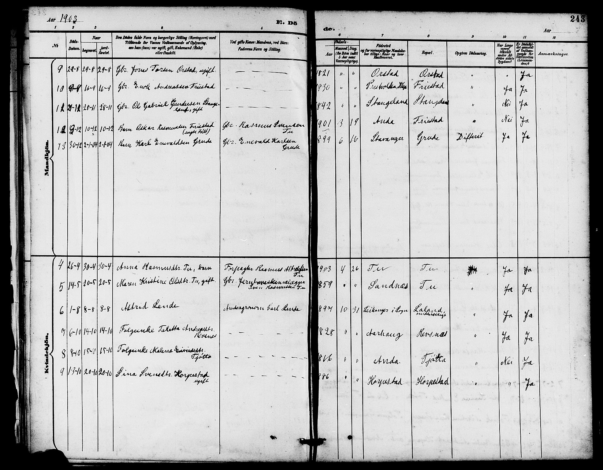 Klepp sokneprestkontor, SAST/A-101803/001/3/30BB/L0004: Parish register (copy) no. B 4, 1889-1914, p. 243