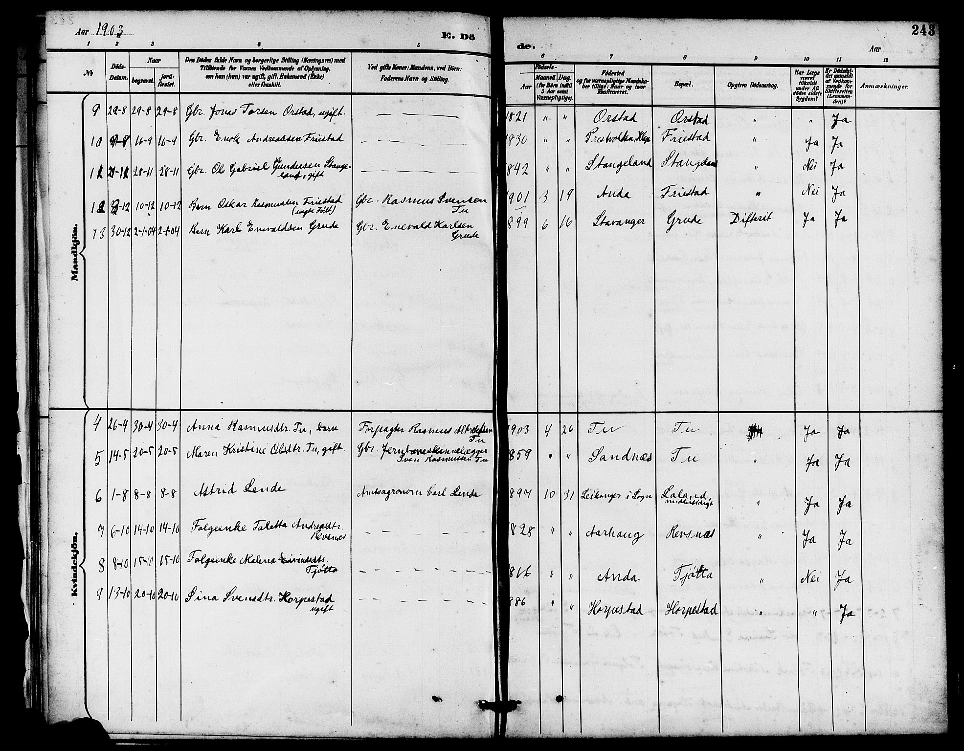 Klepp sokneprestkontor, AV/SAST-A-101803/001/3/30BB/L0004: Parish register (copy) no. B 4, 1889-1914, p. 243