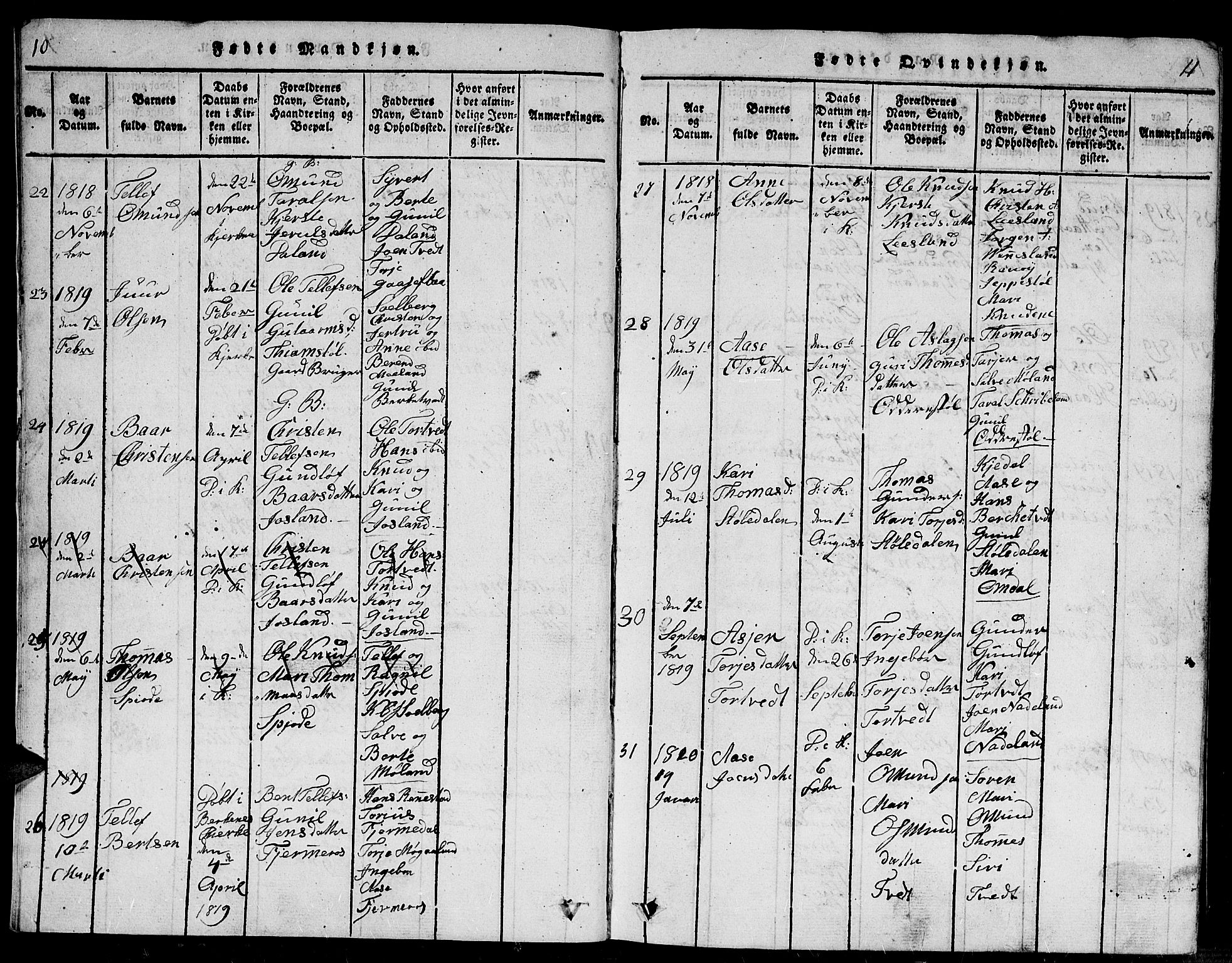 Evje sokneprestkontor, SAK/1111-0008/F/Fb/Fbc/L0001: Parish register (copy) no. B 1, 1816-1836, p. 10-11
