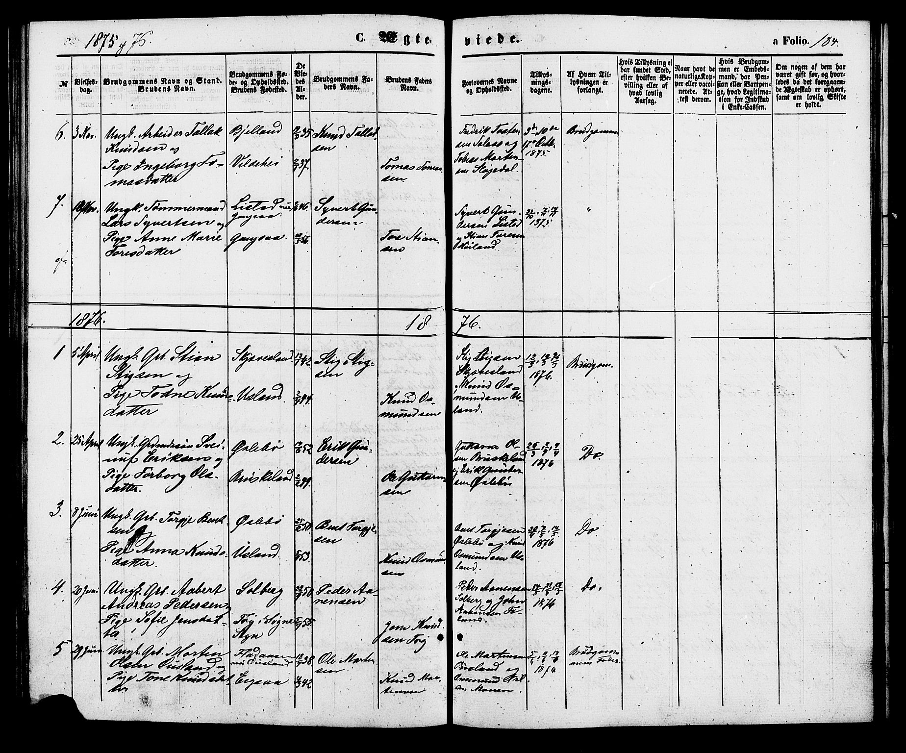 Holum sokneprestkontor, AV/SAK-1111-0022/F/Fa/Fac/L0003: Parish register (official) no. A 3, 1860-1883, p. 184