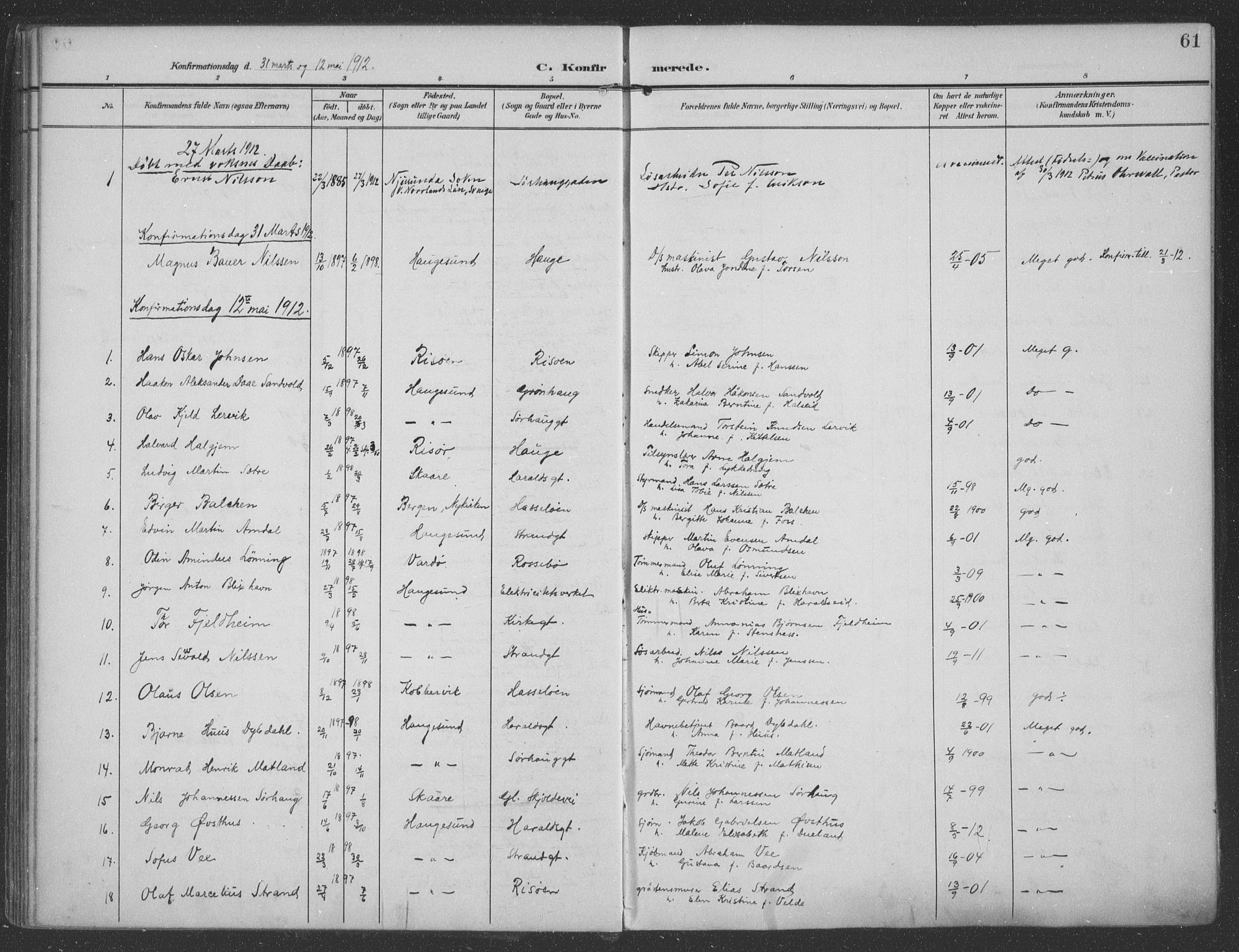 Haugesund sokneprestkontor, SAST/A -101863/H/Ha/Haa/L0007: Parish register (official) no. A 7, 1904-1916, p. 61