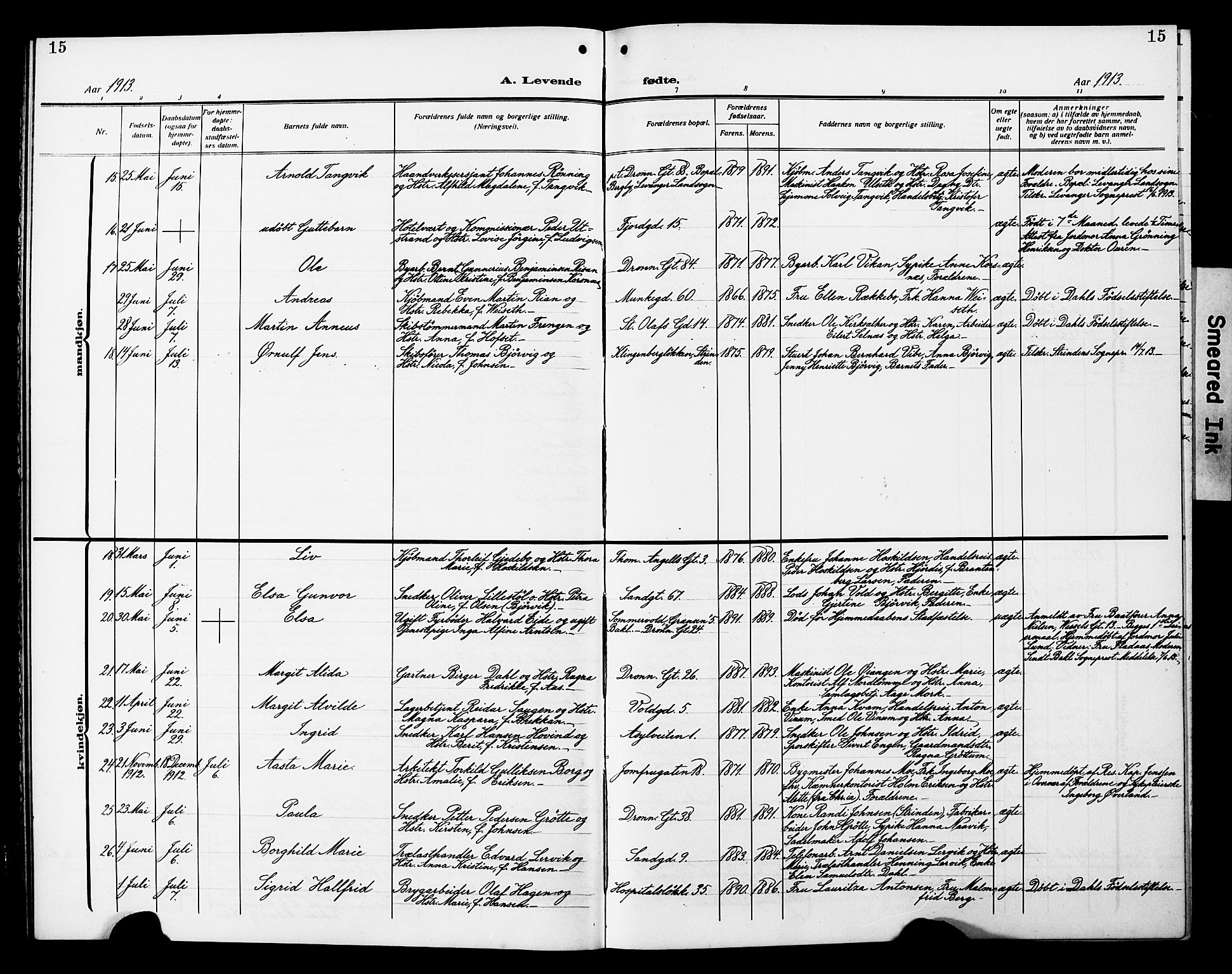 Ministerialprotokoller, klokkerbøker og fødselsregistre - Sør-Trøndelag, AV/SAT-A-1456/602/L0147: Parish register (copy) no. 602C15, 1911-1924, p. 15