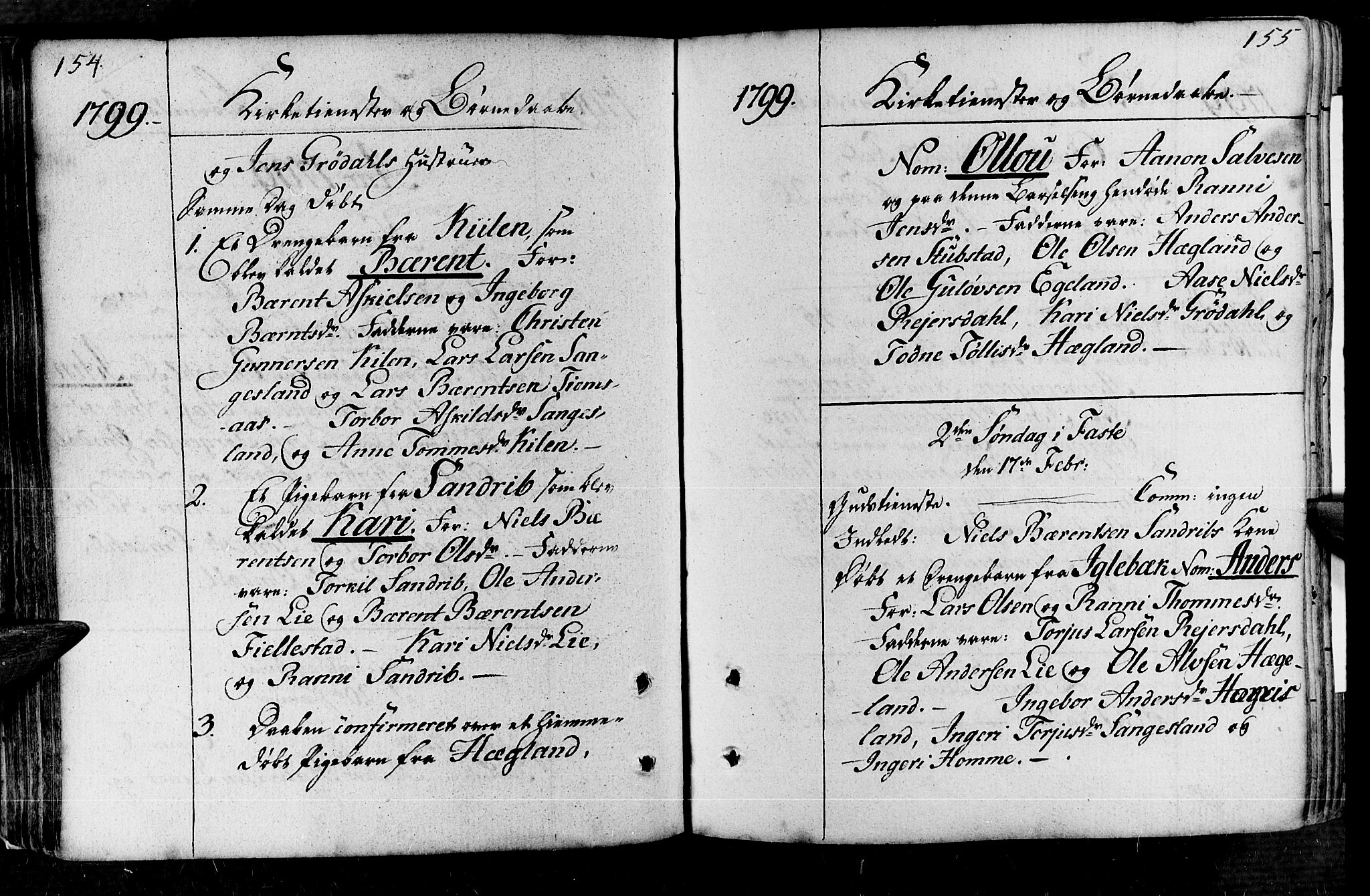 Vennesla sokneprestkontor, AV/SAK-1111-0045/Fa/Fac/L0002: Parish register (official) no. A 2, 1785-1834, p. 154-155