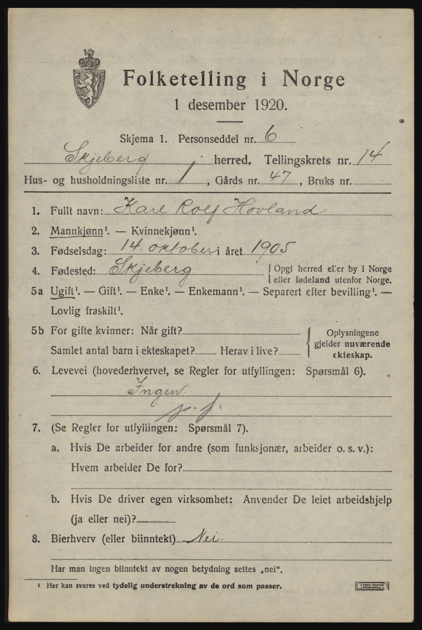 SAO, 1920 census for Skjeberg, 1920, p. 12991