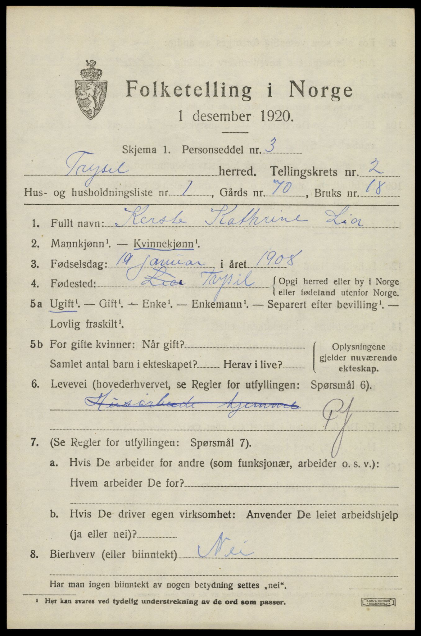 SAH, 1920 census for Trysil, 1920, p. 3093