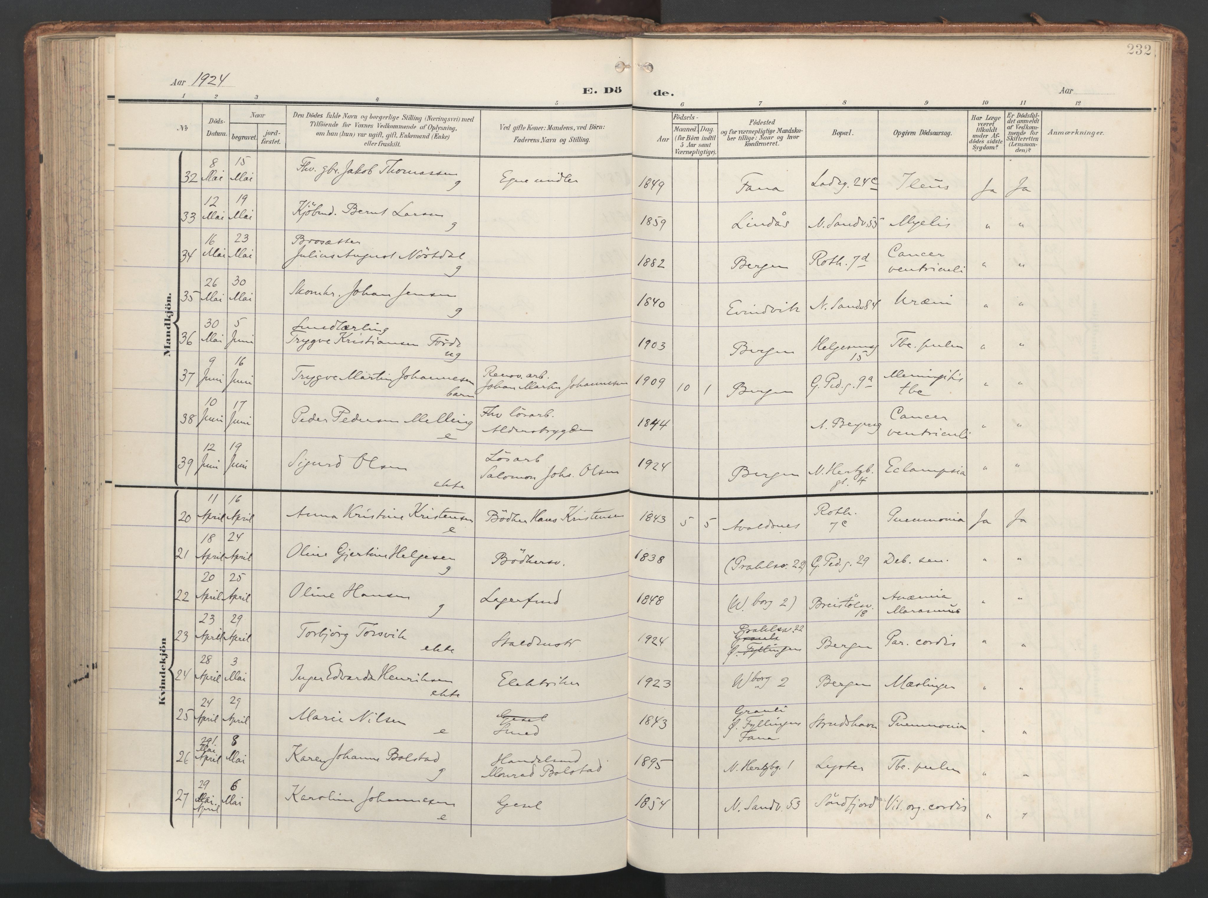 Sandviken Sokneprestembete, AV/SAB-A-77601/H/Ha/L0019: Parish register (official) no. E 2, 1905-1933, p. 232