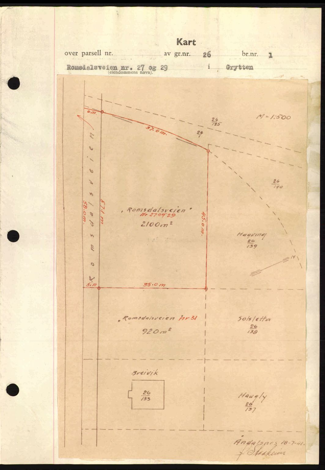 Romsdal sorenskriveri, AV/SAT-A-4149/1/2/2C: Mortgage book no. A10, 1941-1941, Diary no: : 1320/1941