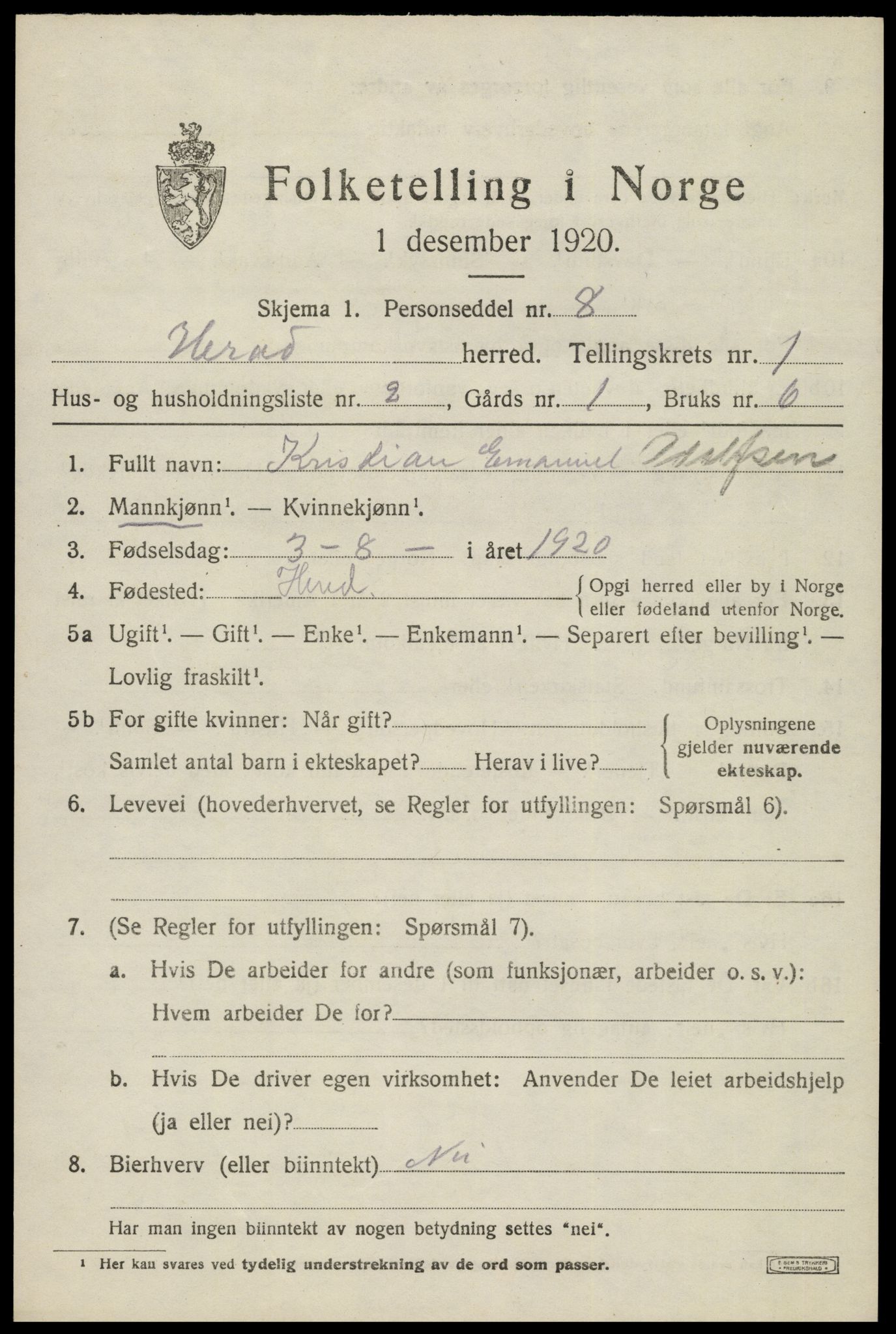 SAK, 1920 census for Herad, 1920, p. 452