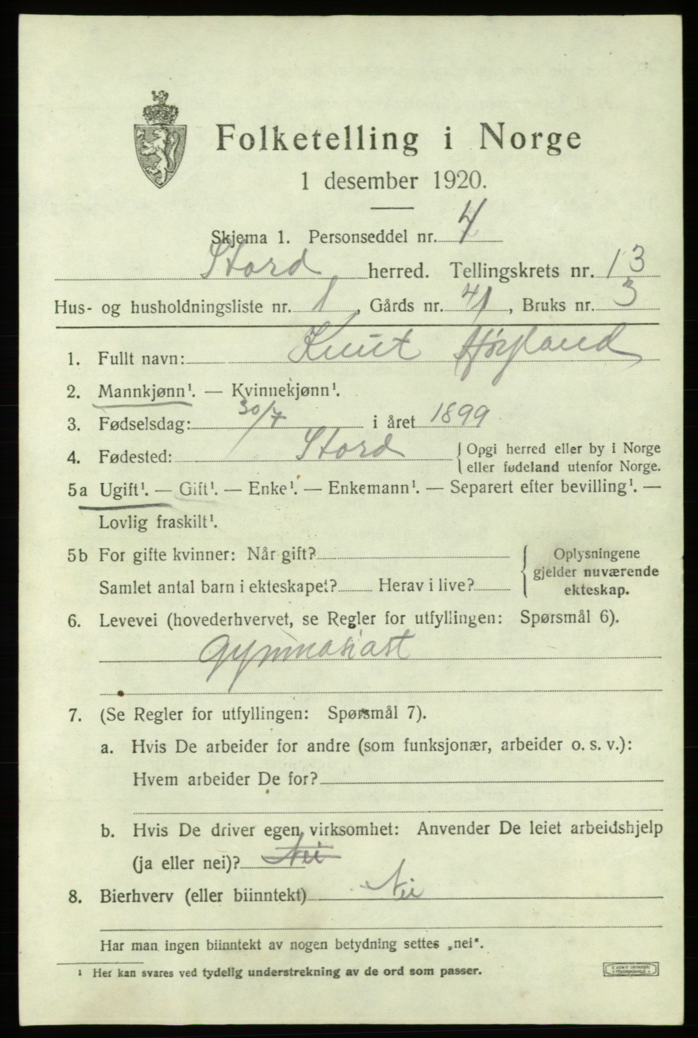 SAB, 1920 census for Stord, 1920, p. 7387