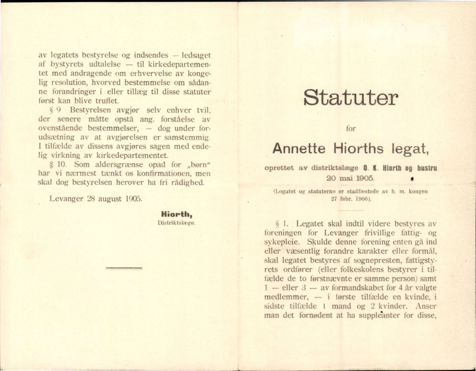 Bård Toldnes samling - lokalia fra Levanger, TIKA/PA-1549/G/L0014: Statuter for Annette Hiorths legat , 1905