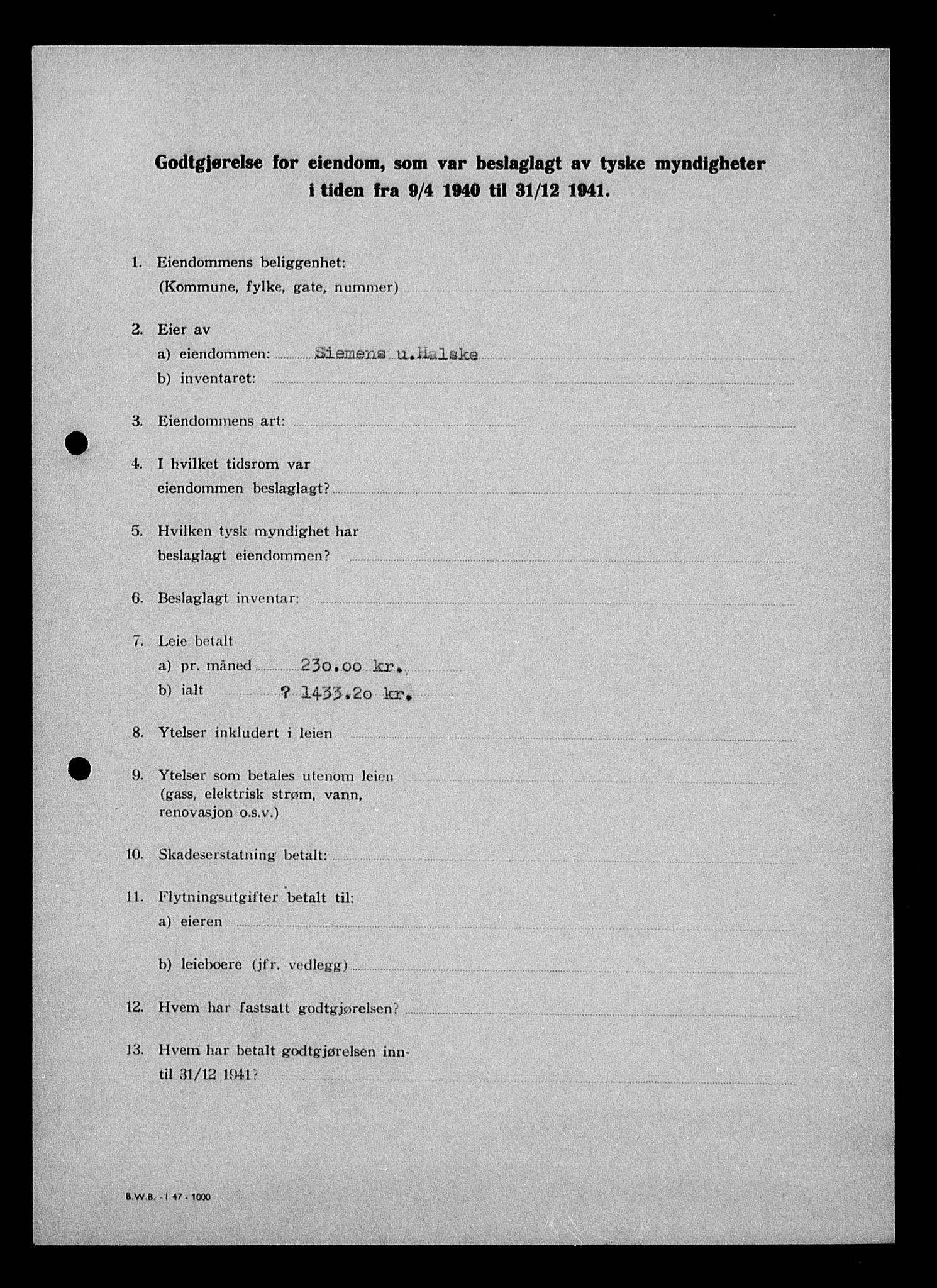 Justisdepartementet, Tilbakeføringskontoret for inndratte formuer, RA/S-1564/I/L1011: Godtgjørelse for beslaglagt eiendom, 1940-1941, p. 555