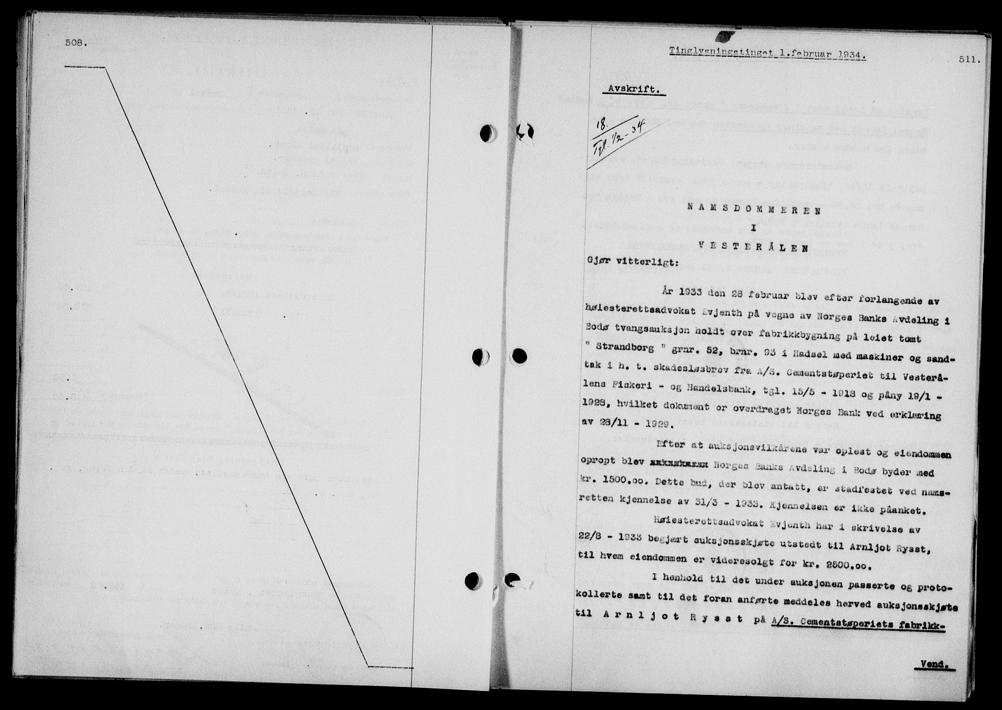 Vesterålen sorenskriveri, AV/SAT-A-4180/1/2/2Ca/L0059: Mortgage book no. 52, 1933-1934, Deed date: 01.02.1934