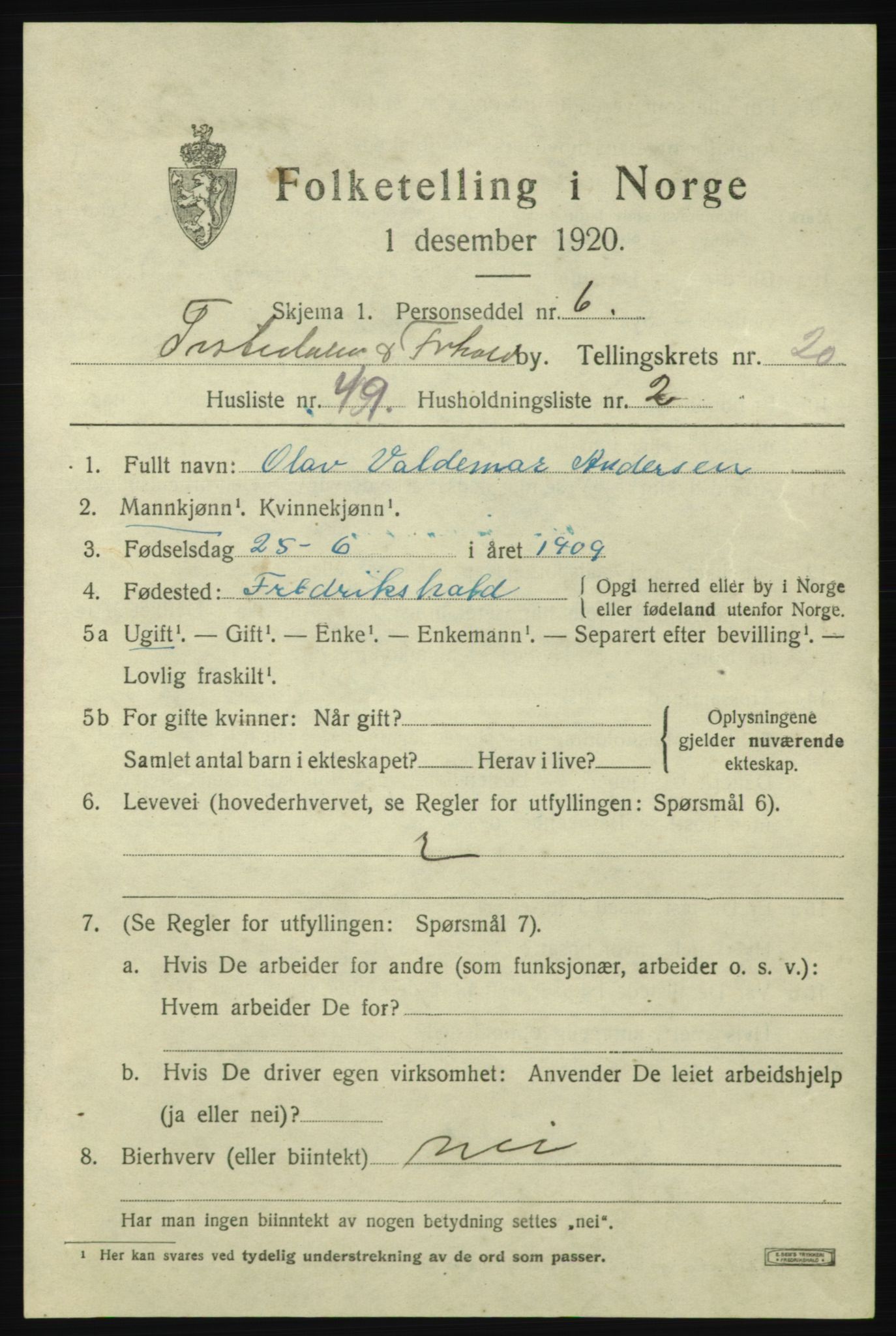 SAO, 1920 census for Fredrikshald, 1920, p. 30196