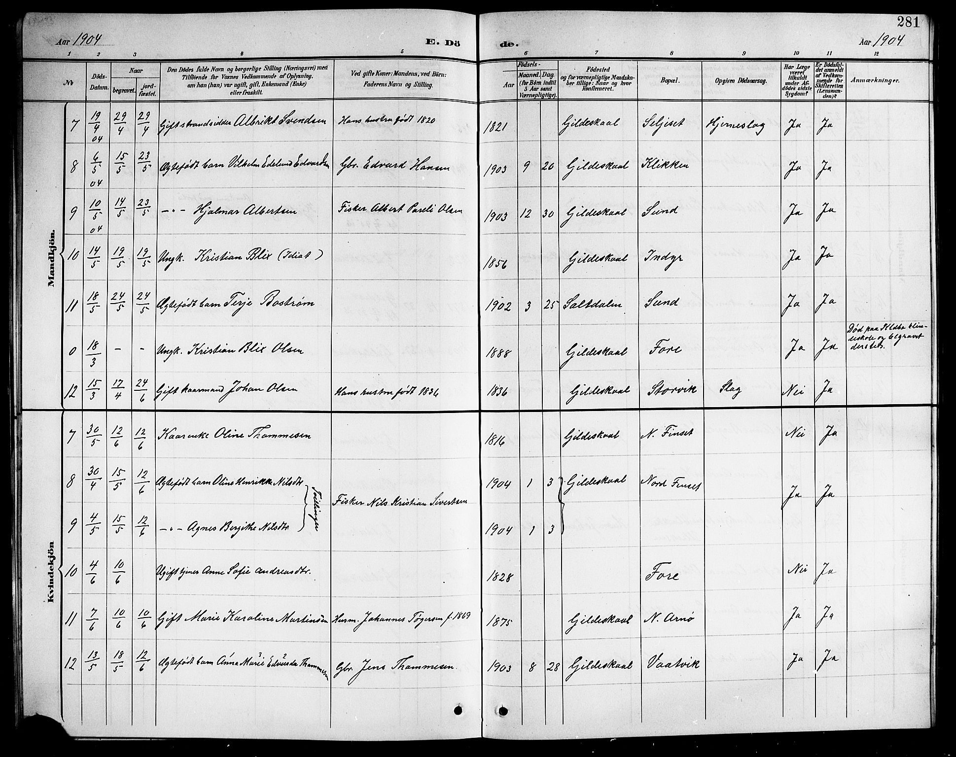 Ministerialprotokoller, klokkerbøker og fødselsregistre - Nordland, AV/SAT-A-1459/805/L0109: Parish register (copy) no. 805C05, 1900-1911, p. 281