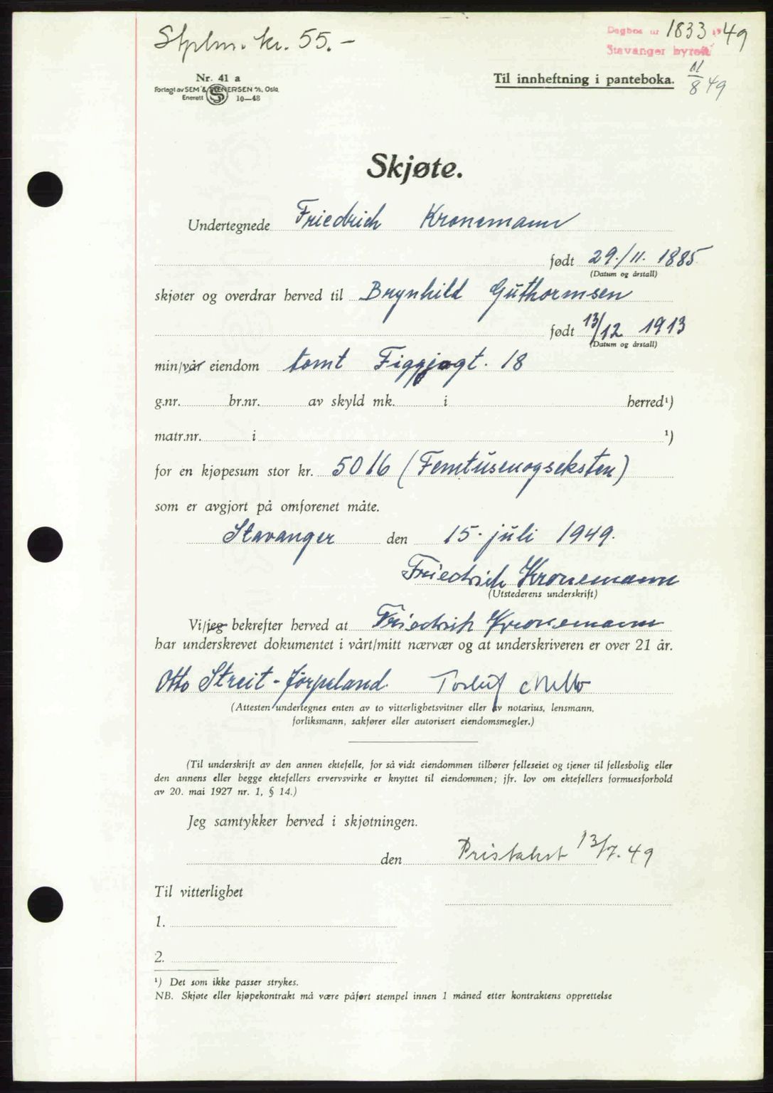 Stavanger byrett, SAST/A-100455/002/G/Gb/L0023: Mortgage book no. A12, 1948-1949, Diary no: : 1833/1949