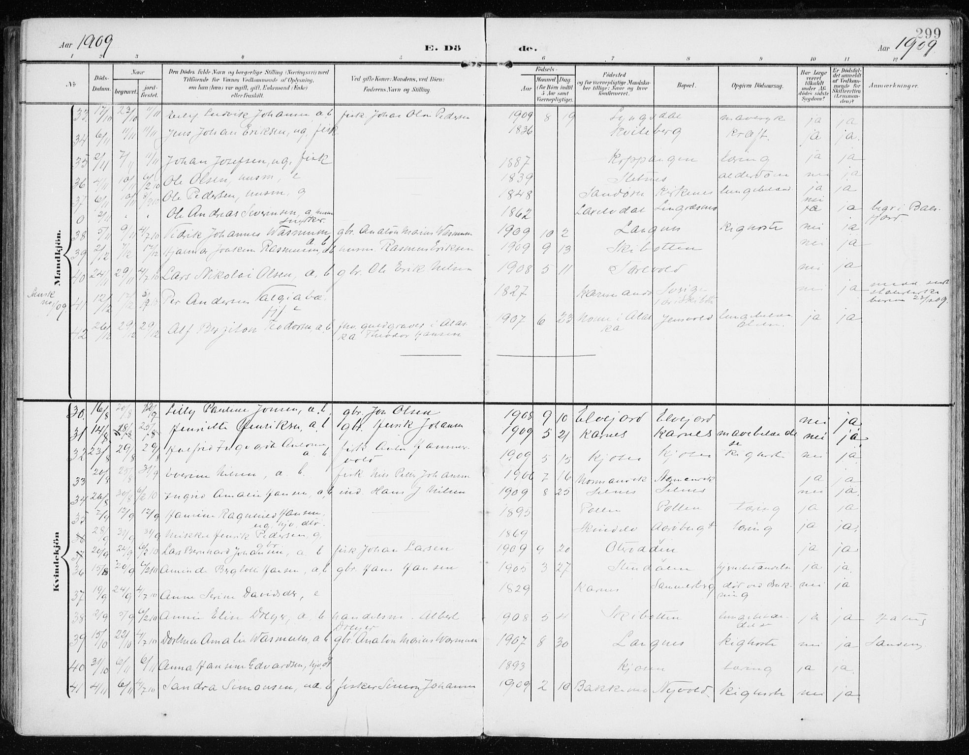 Lyngen sokneprestembete, SATØ/S-1289/H/He/Hea/L0011kirke: Parish register (official) no. 11, 1903-1913, p. 299