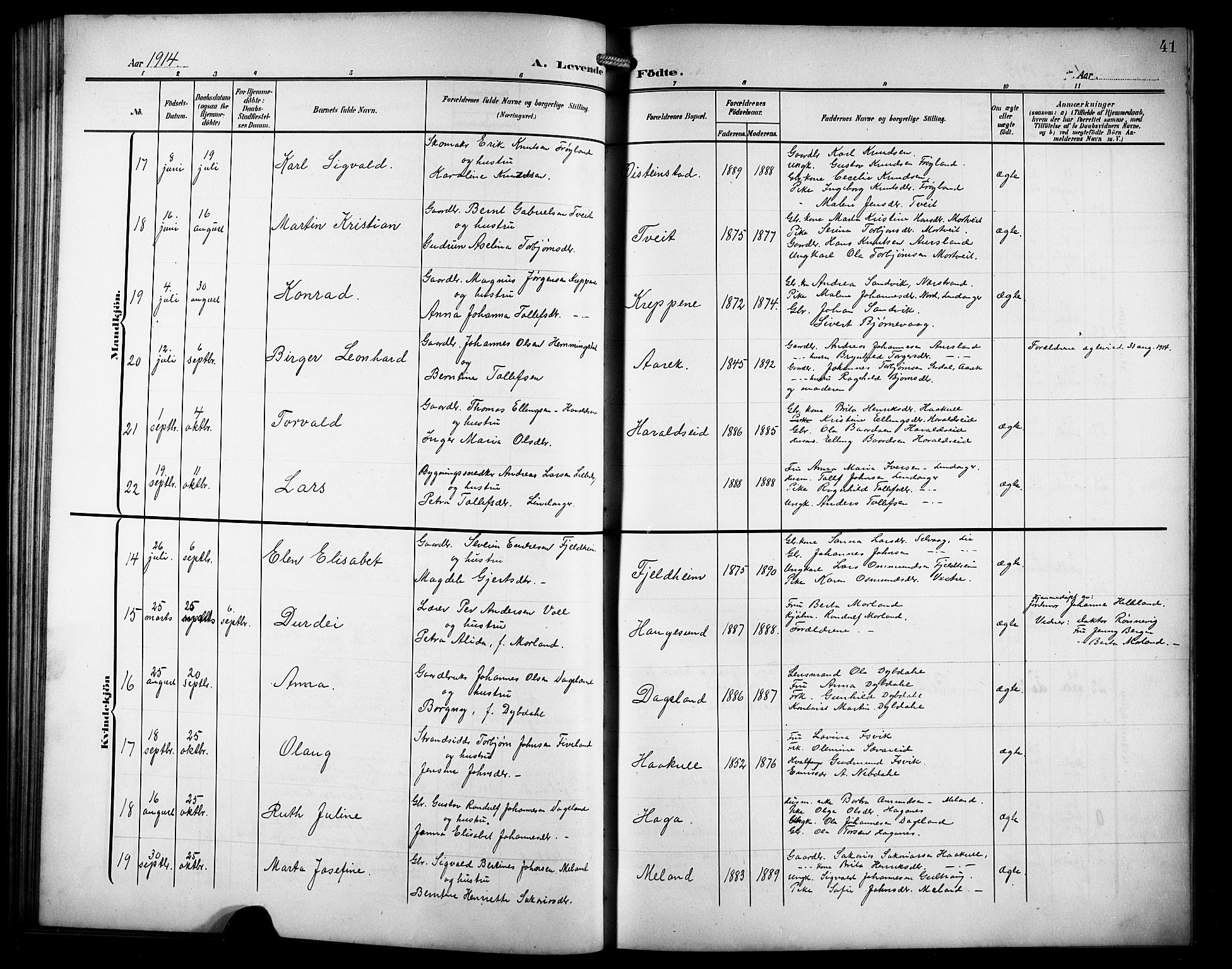 Skjold sokneprestkontor, AV/SAST-A-101847/H/Ha/Hab/L0008: Parish register (copy) no. B 8, 1906-1920, p. 41