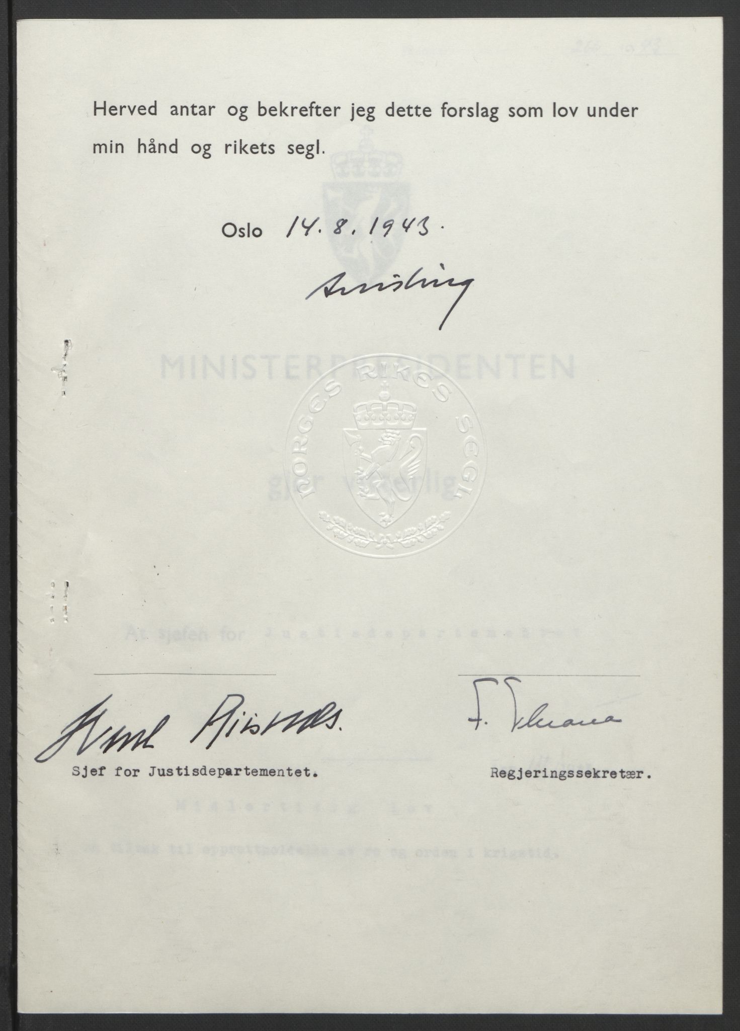 NS-administrasjonen 1940-1945 (Statsrådsekretariatet, de kommisariske statsråder mm), RA/S-4279/D/Db/L0099: Lover, 1943, p. 522