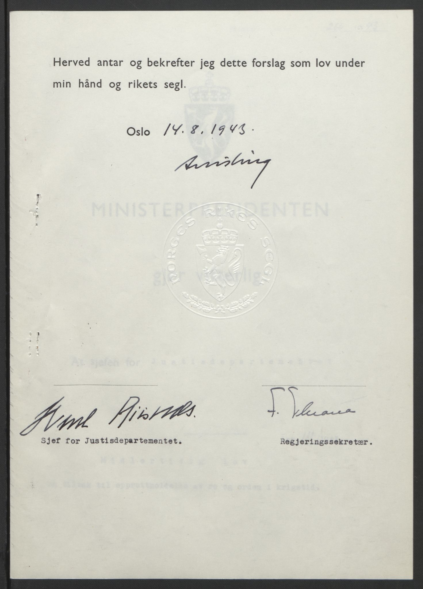 NS-administrasjonen 1940-1945 (Statsrådsekretariatet, de kommisariske statsråder mm), AV/RA-S-4279/D/Db/L0099: Lover, 1943, p. 522