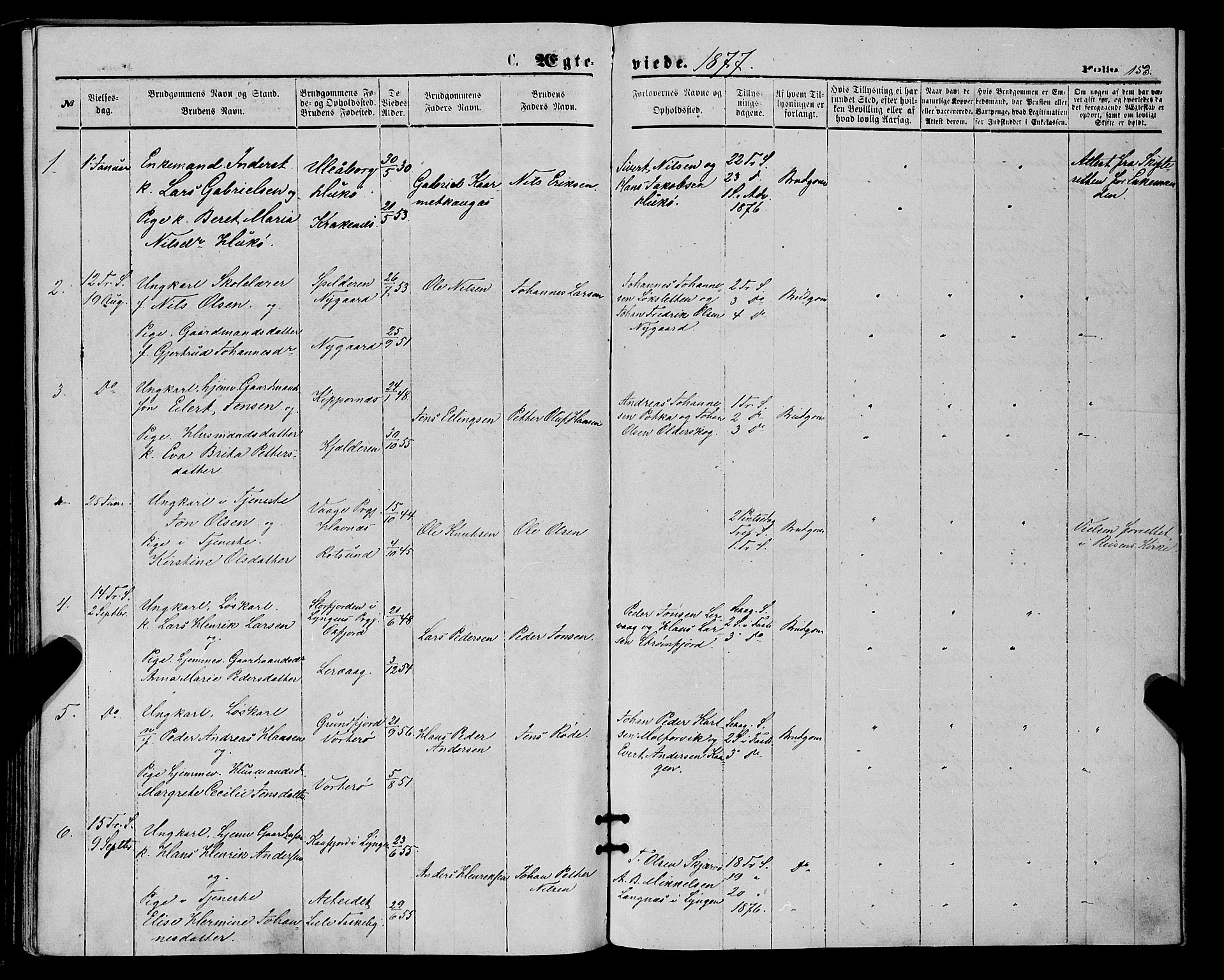 Skjervøy sokneprestkontor, AV/SATØ-S-1300/H/Ha/Haa/L0008kirke: Parish register (official) no. 8, 1871-1877, p. 153