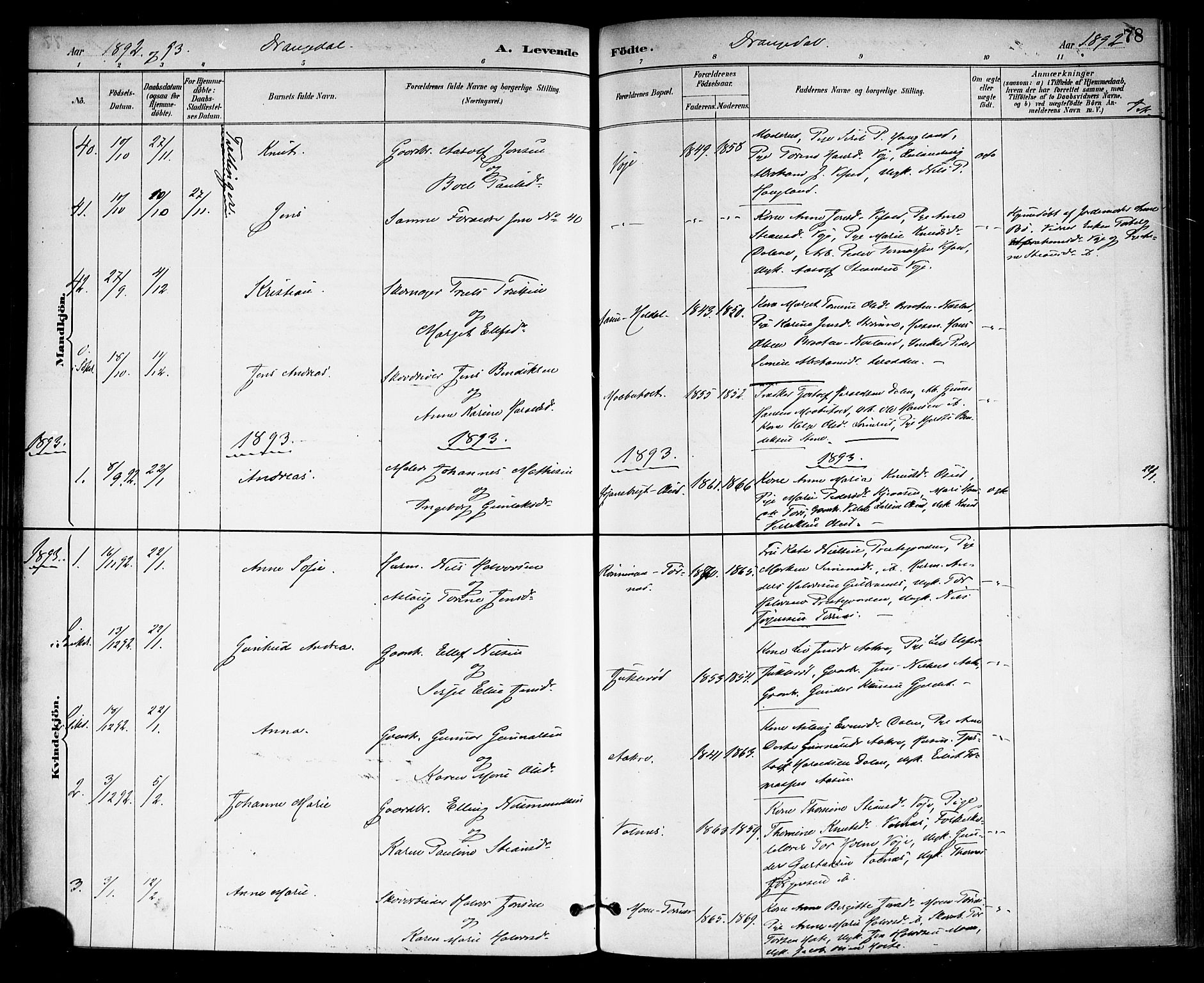 Drangedal kirkebøker, SAKO/A-258/F/Fa/L0010: Parish register (official) no. 10 /1, 1885-1894, p. 78