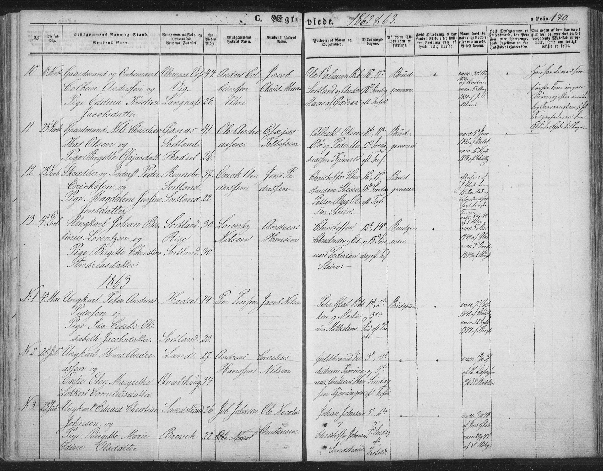 Ministerialprotokoller, klokkerbøker og fødselsregistre - Nordland, AV/SAT-A-1459/895/L1369: Parish register (official) no. 895A04, 1852-1872, p. 170