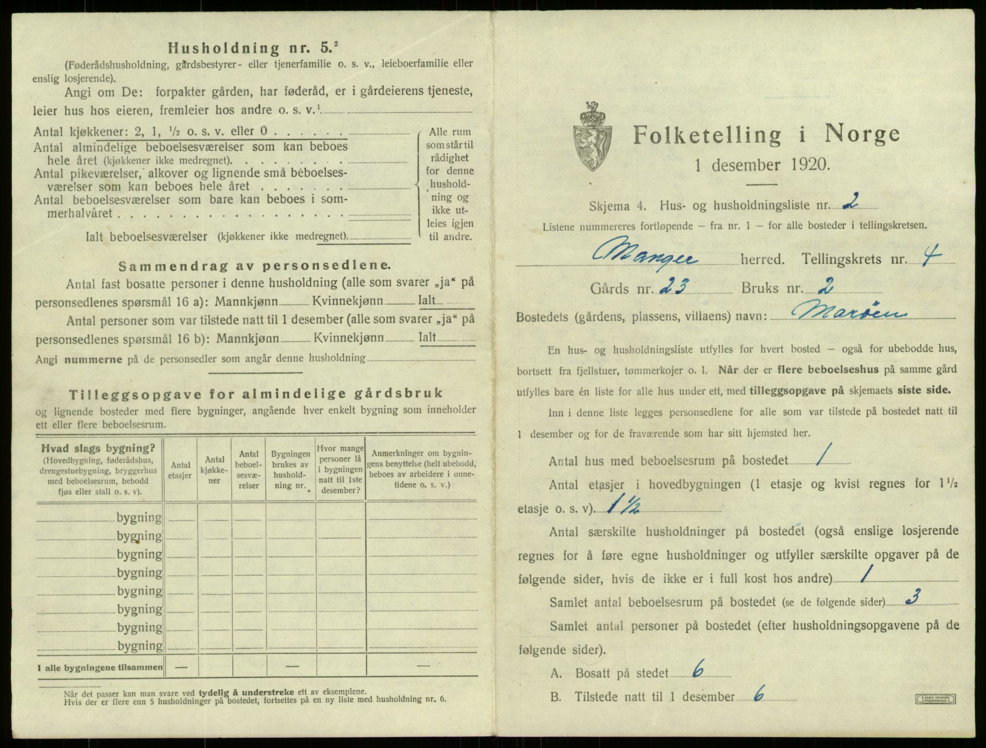 SAB, 1920 census for Manger, 1920, p. 301