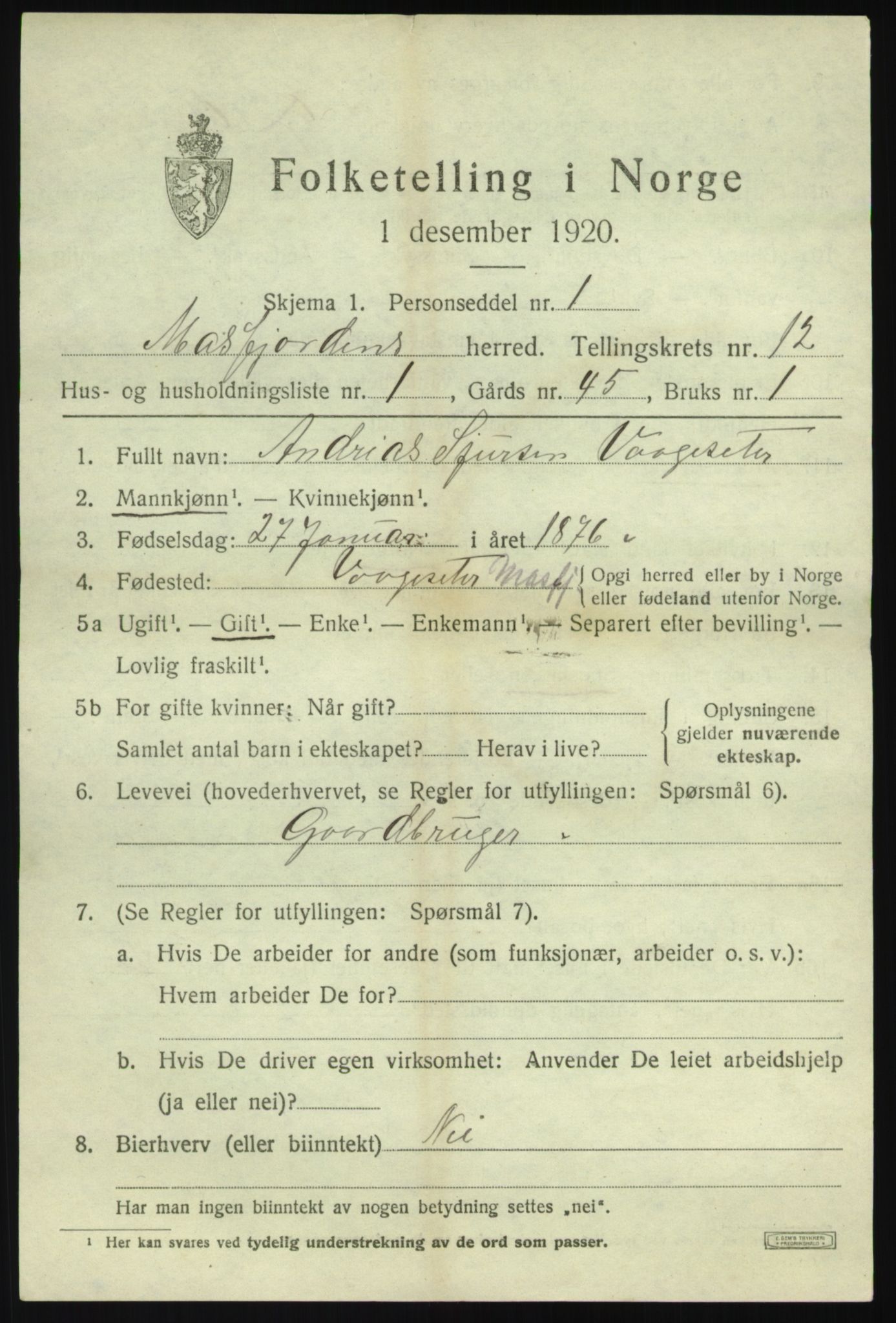 SAB, 1920 census for Masfjorden, 1920, p. 4483