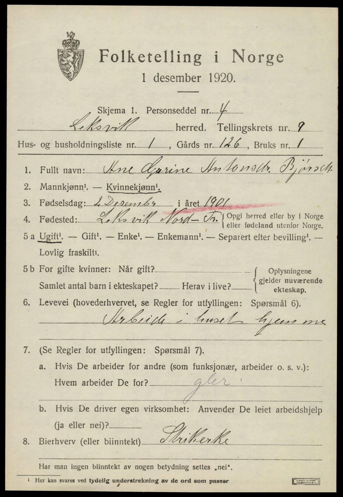 SAT, 1920 census for Leksvik, 1920, p. 6874