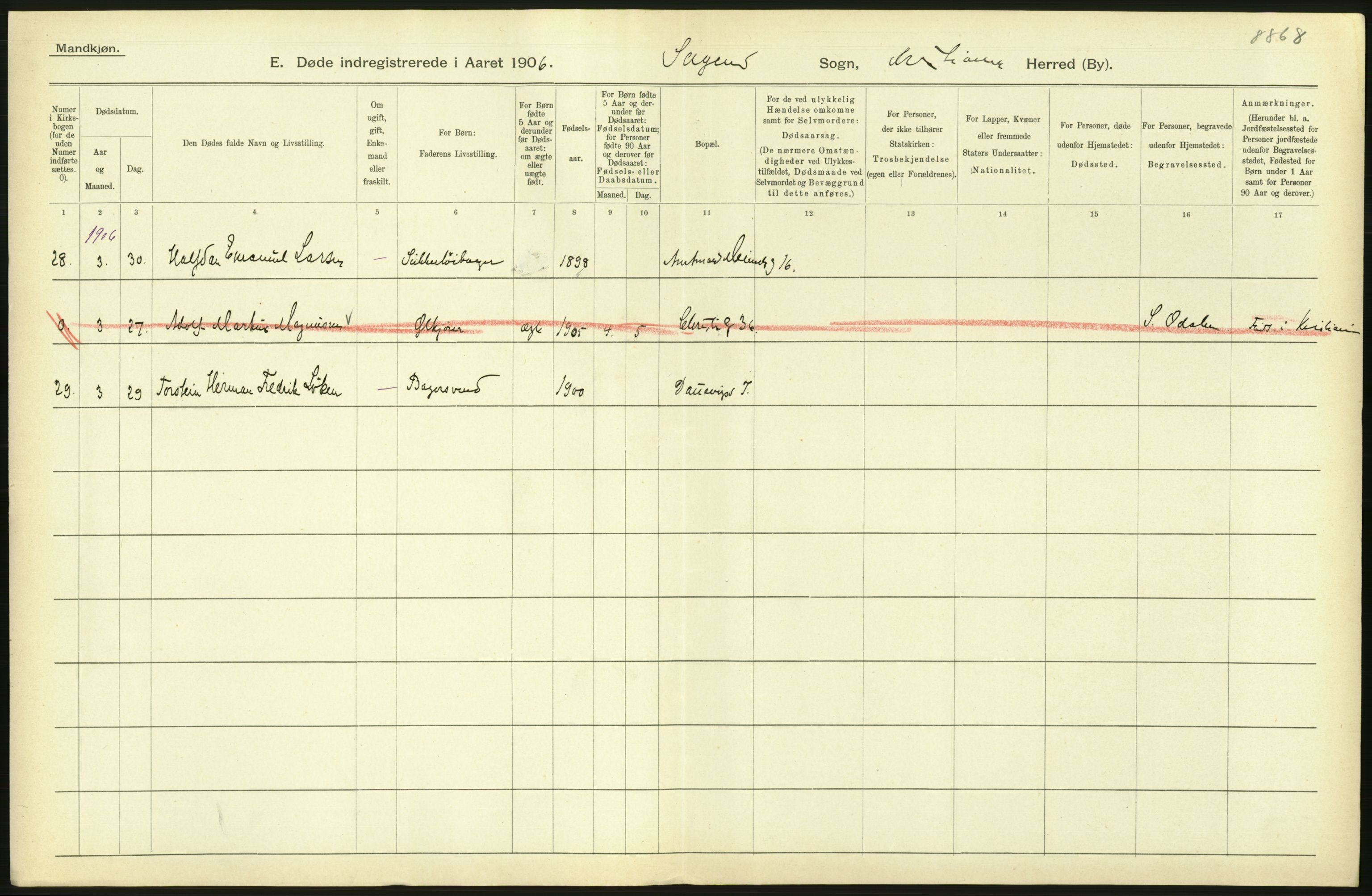 Statistisk sentralbyrå, Sosiodemografiske emner, Befolkning, AV/RA-S-2228/D/Df/Dfa/Dfad/L0010: Kristiania: Døde, dødfødte, 1906, p. 286