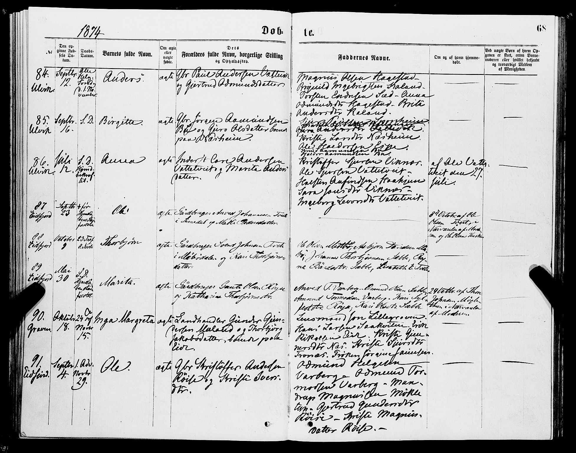 Ulvik sokneprestembete, AV/SAB-A-78801/H/Haa: Parish register (official) no. A 16, 1870-1878, p. 68