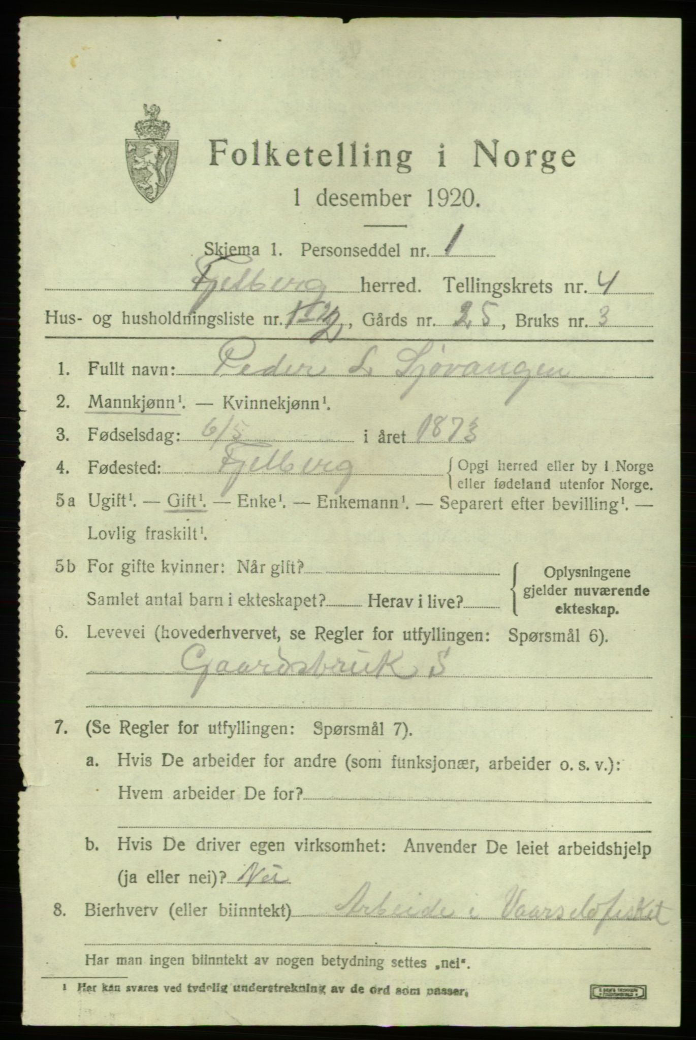 SAB, 1920 census for Fjelberg, 1920, p. 1263