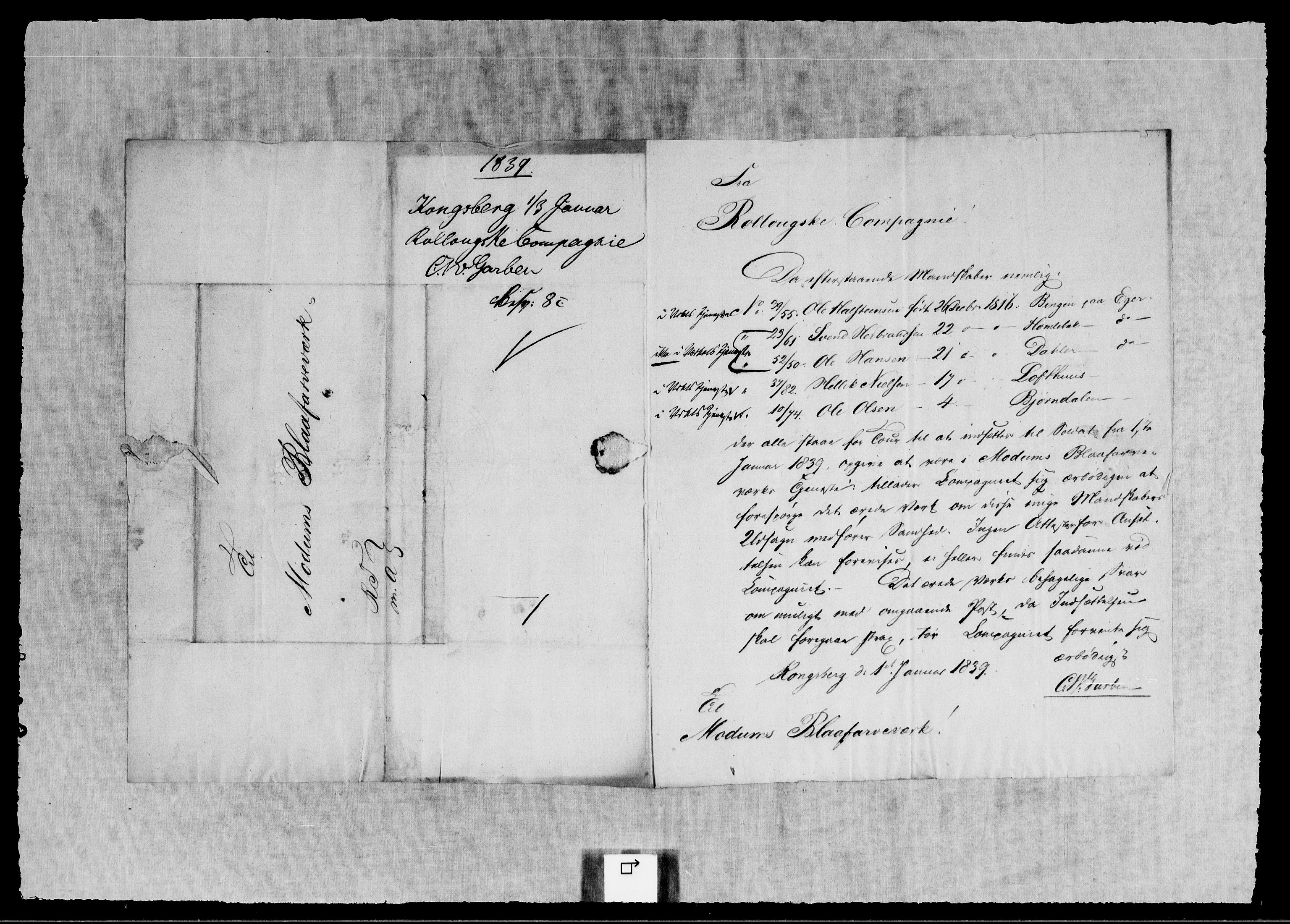 Modums Blaafarveværk, RA/PA-0157/G/Gb/L0121/0001: -- / Innkomne brev A - R, 1838-1839, p. 2