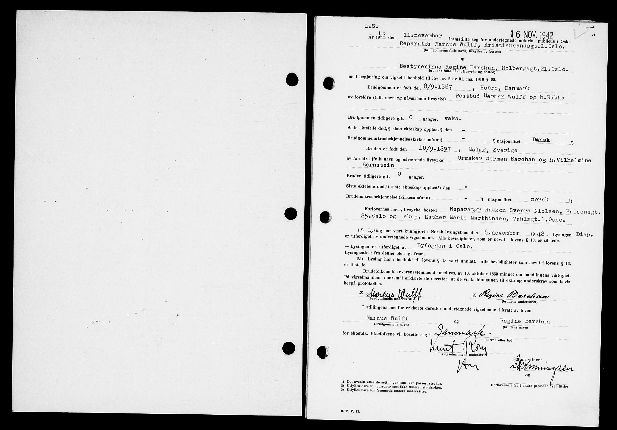 Oslo byfogd avd. I, AV/SAO-A-10220/L/Lb/Lbb/L0042: Notarialprotokoll, rekke II: Vigsler, 1942