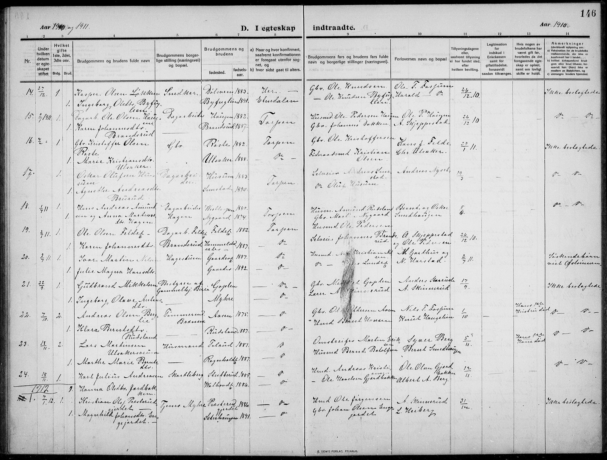 Nordre Land prestekontor, AV/SAH-PREST-124/H/Ha/Hab/L0002: Parish register (copy) no. 2, 1909-1934, p. 146