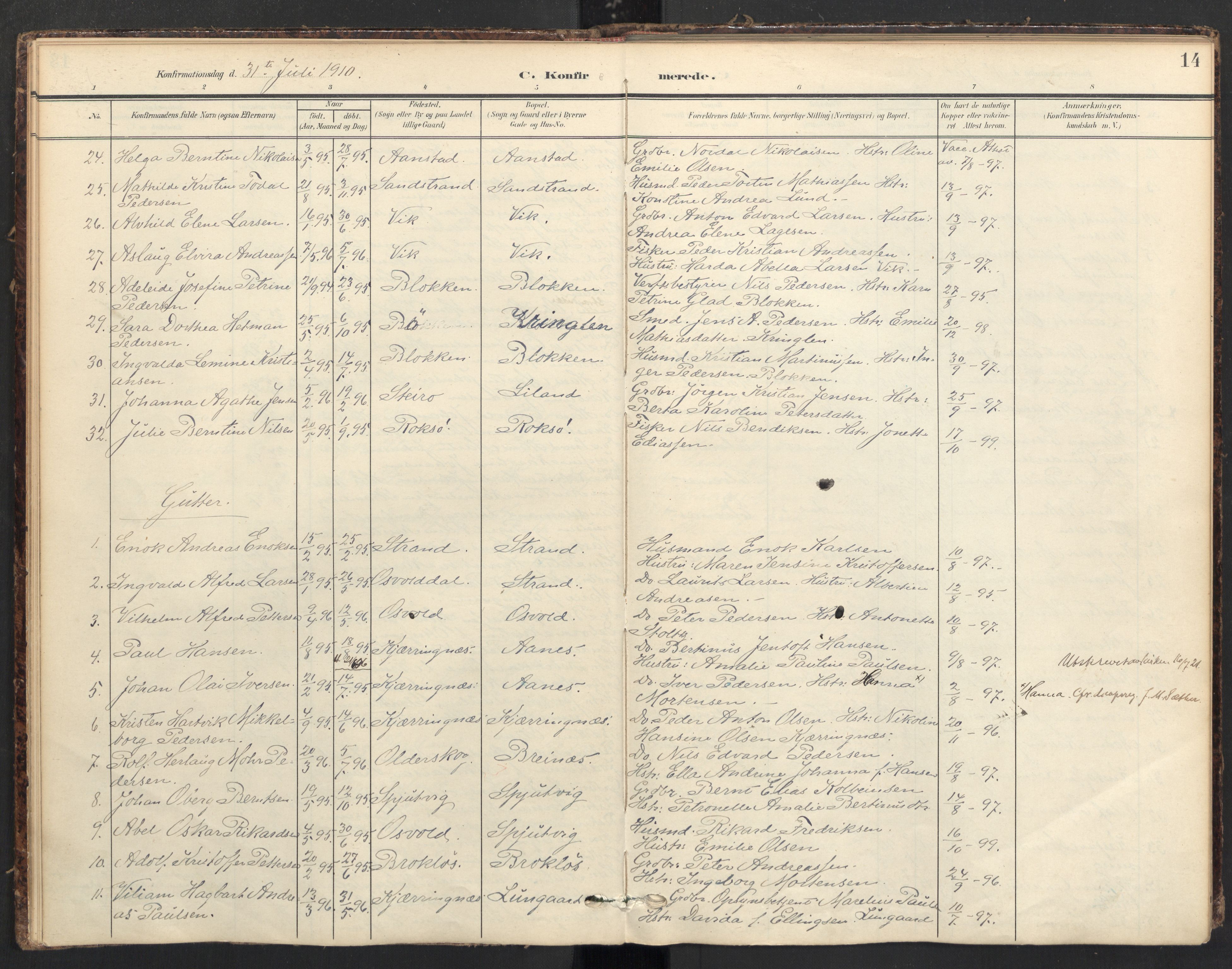 Ministerialprotokoller, klokkerbøker og fødselsregistre - Nordland, AV/SAT-A-1459/895/L1375: Parish register (official) no. 895A10, 1907-1938, p. 14