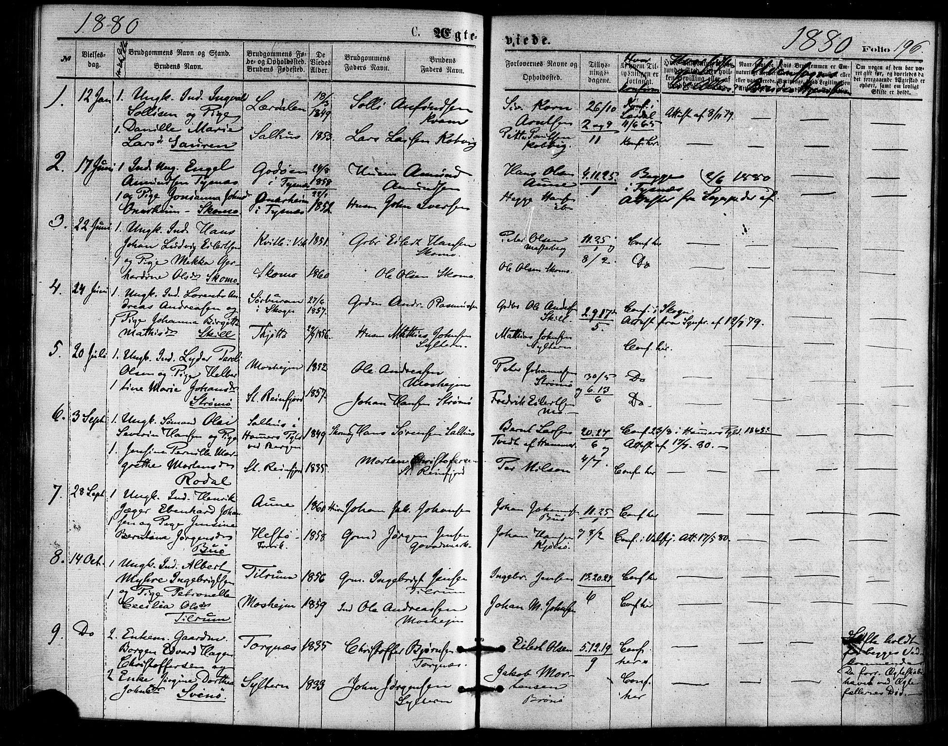 Ministerialprotokoller, klokkerbøker og fødselsregistre - Nordland, SAT/A-1459/813/L0199: Parish register (official) no. 813A09, 1875-1885, p. 196