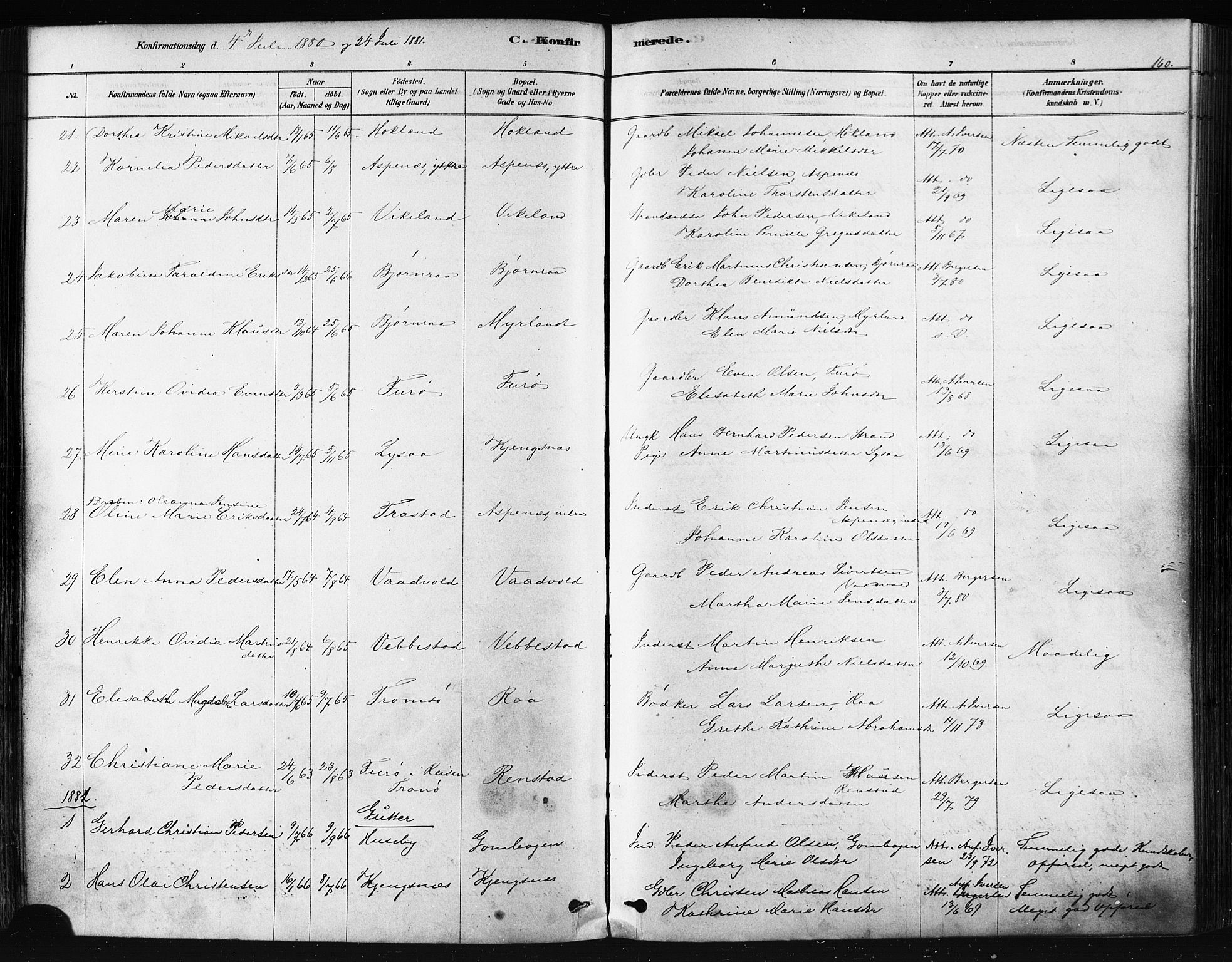 Kvæfjord sokneprestkontor, SATØ/S-1323/G/Ga/Gaa/L0005kirke: Parish register (official) no. 5, 1878-1894, p. 160